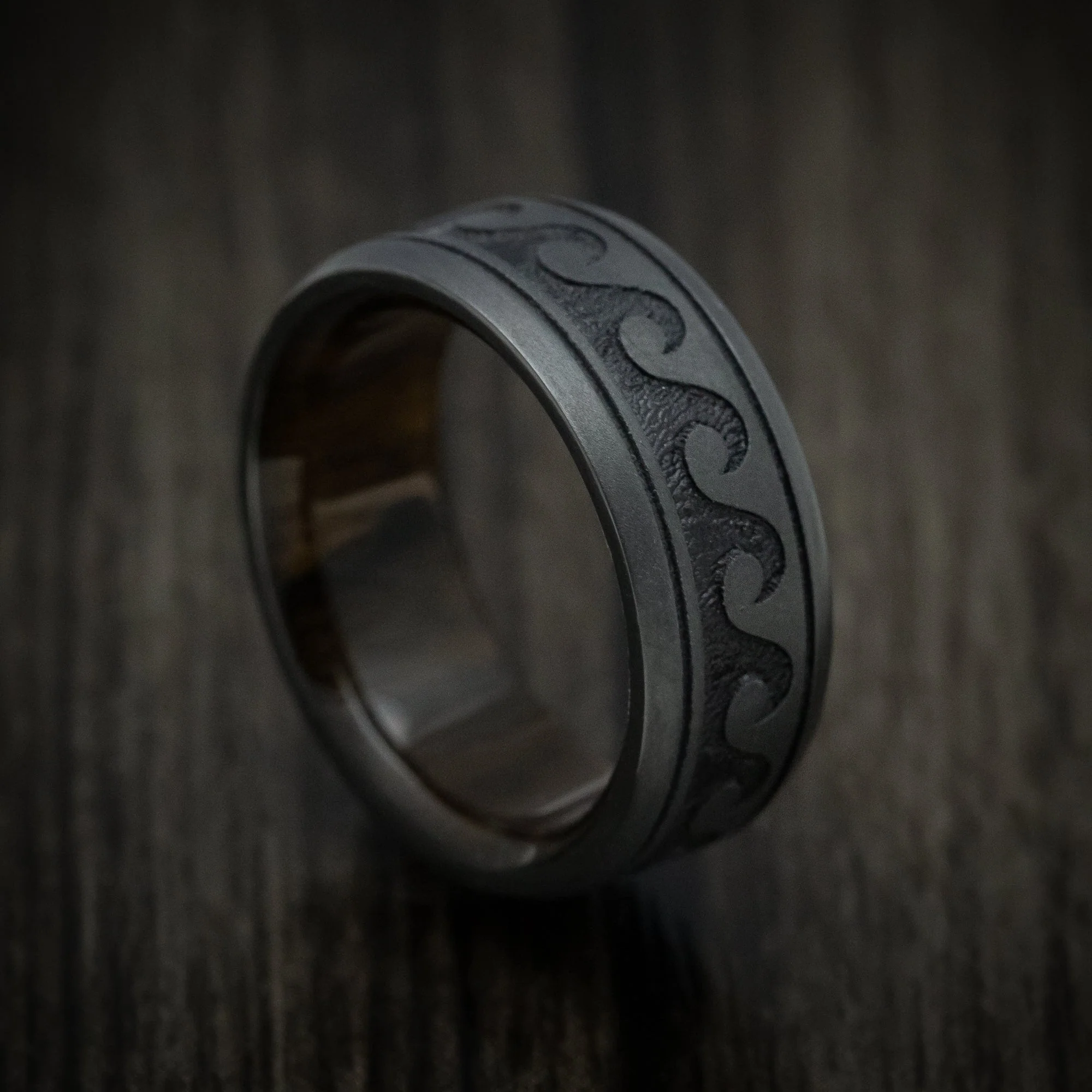 Black Titanium or Black Zirconium Custom Men's Ring with Wave Design and Wood Sleeve