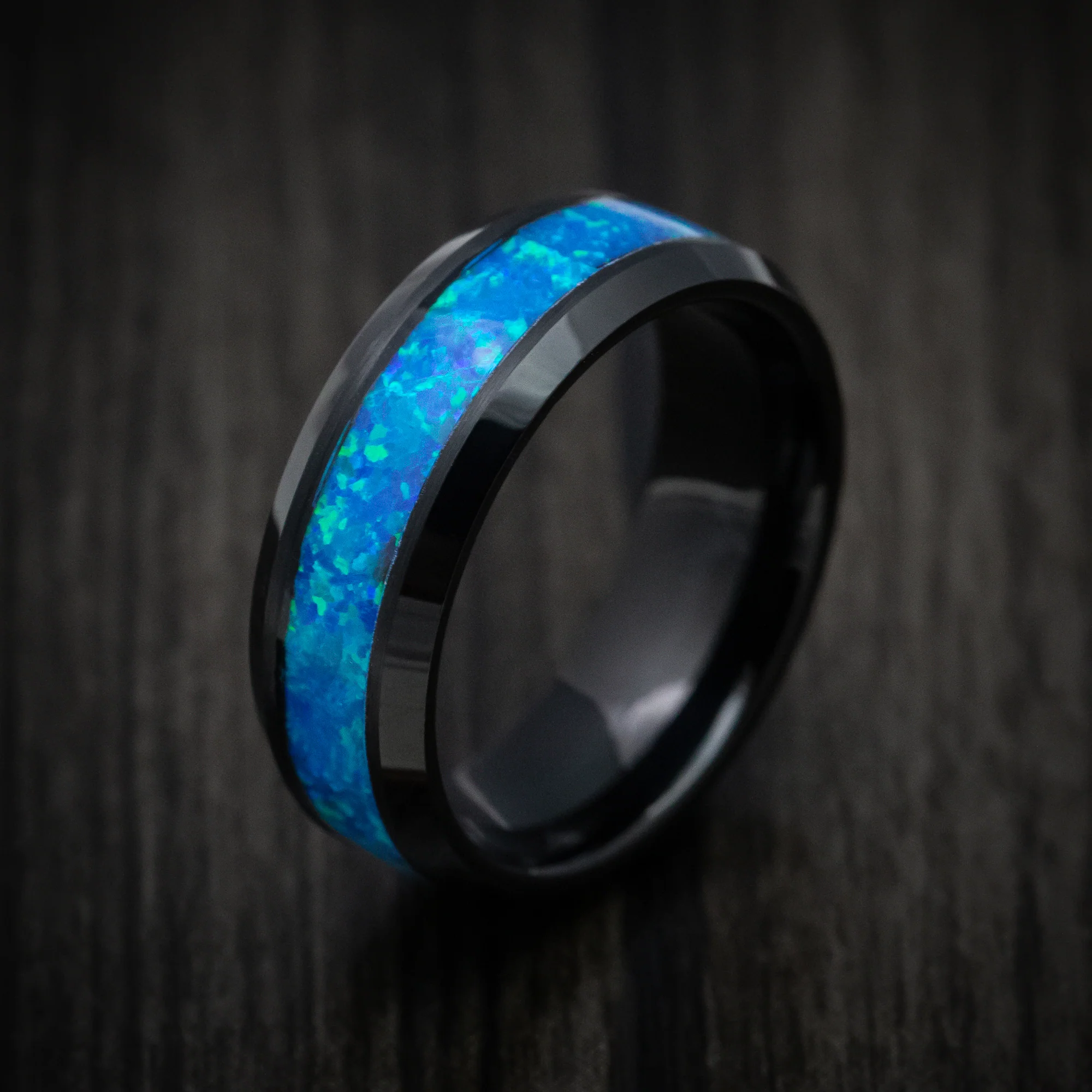 Black Tungsten Men's Ring with Opal Inlay - Image 3