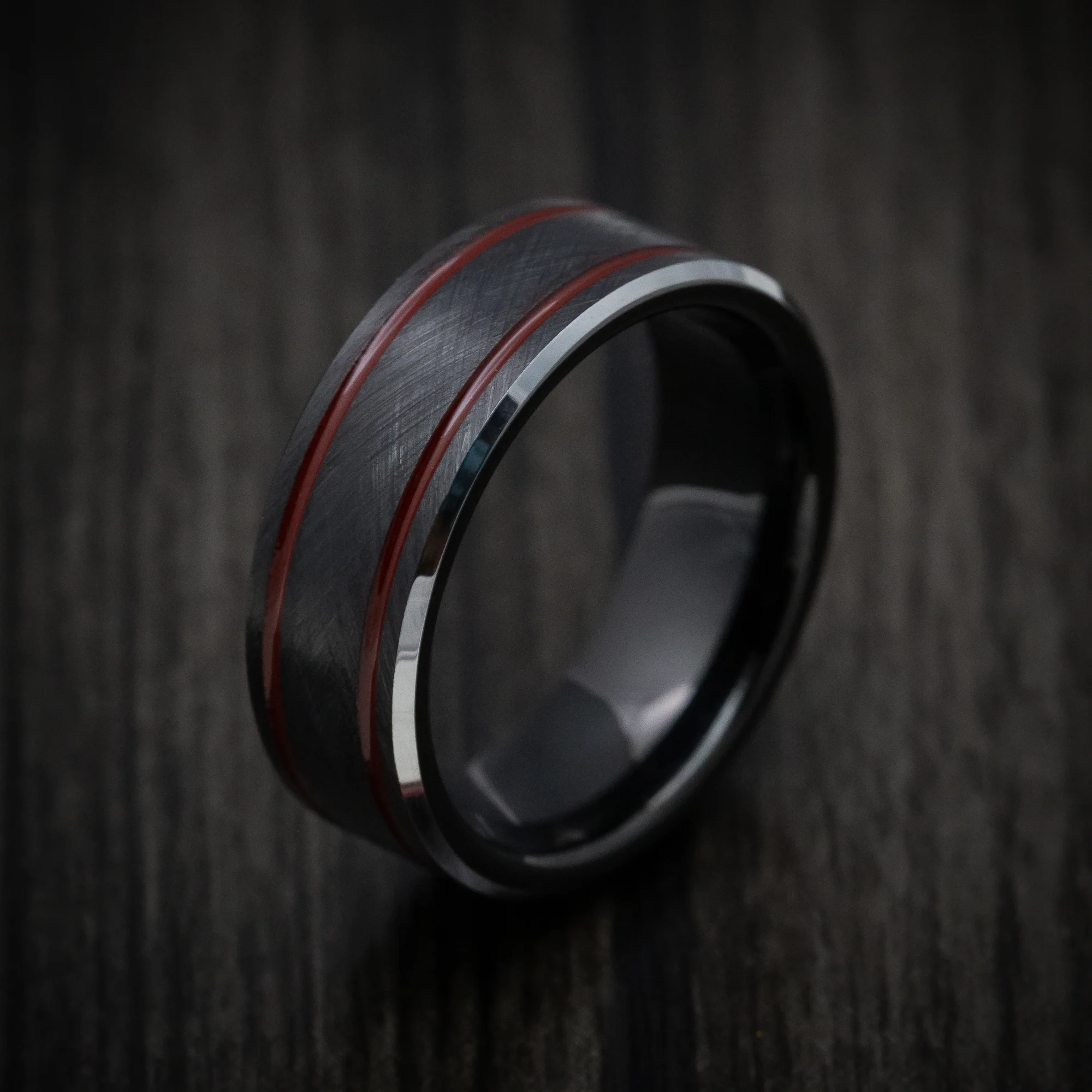 Black Tungsten Men's Ring with Red Line Inlays - Image 3