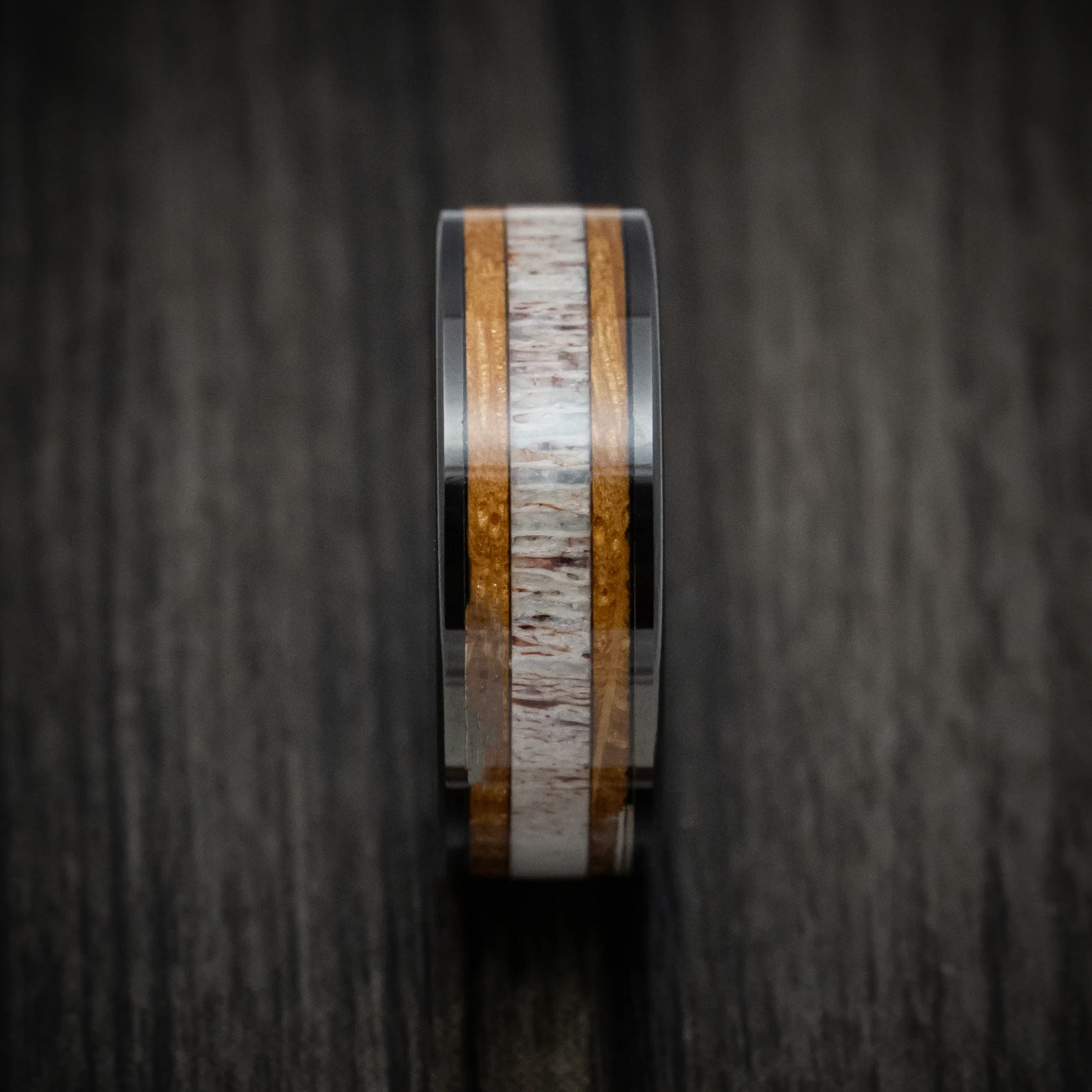 Black Tungsten Men's Ring with Whiskey Barrel Wood and Antler Inlays - Image 3