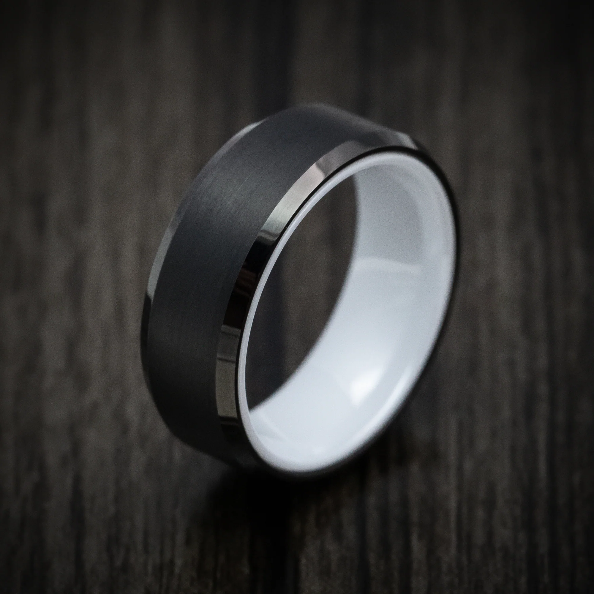 Black Tungsten Men's Ring with White Ceramic Sleeve Band - Image 4