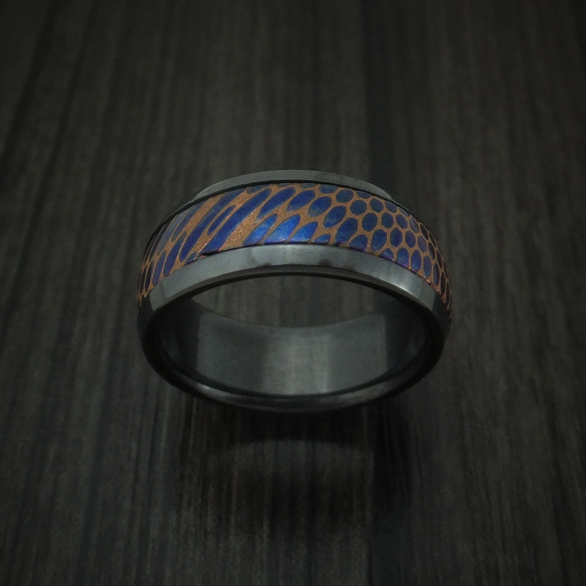 Black Zirconium and Anodized Etched Superconductor Men's Ring Custom Made Titanium-Niobium and Copper Band - Image 2