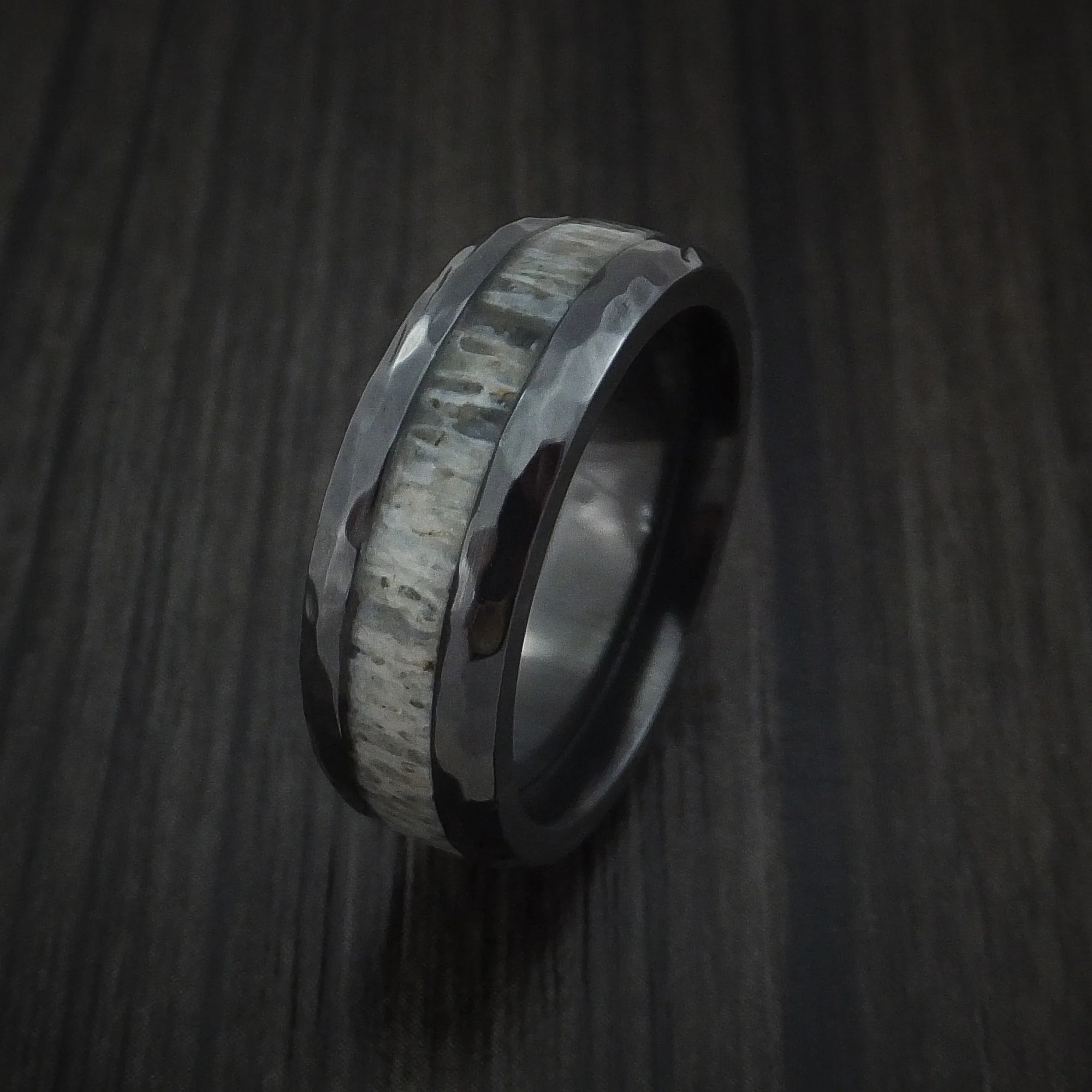Black Zirconium and Antler Hammered Men's Ring Custom Made Band - Image 4