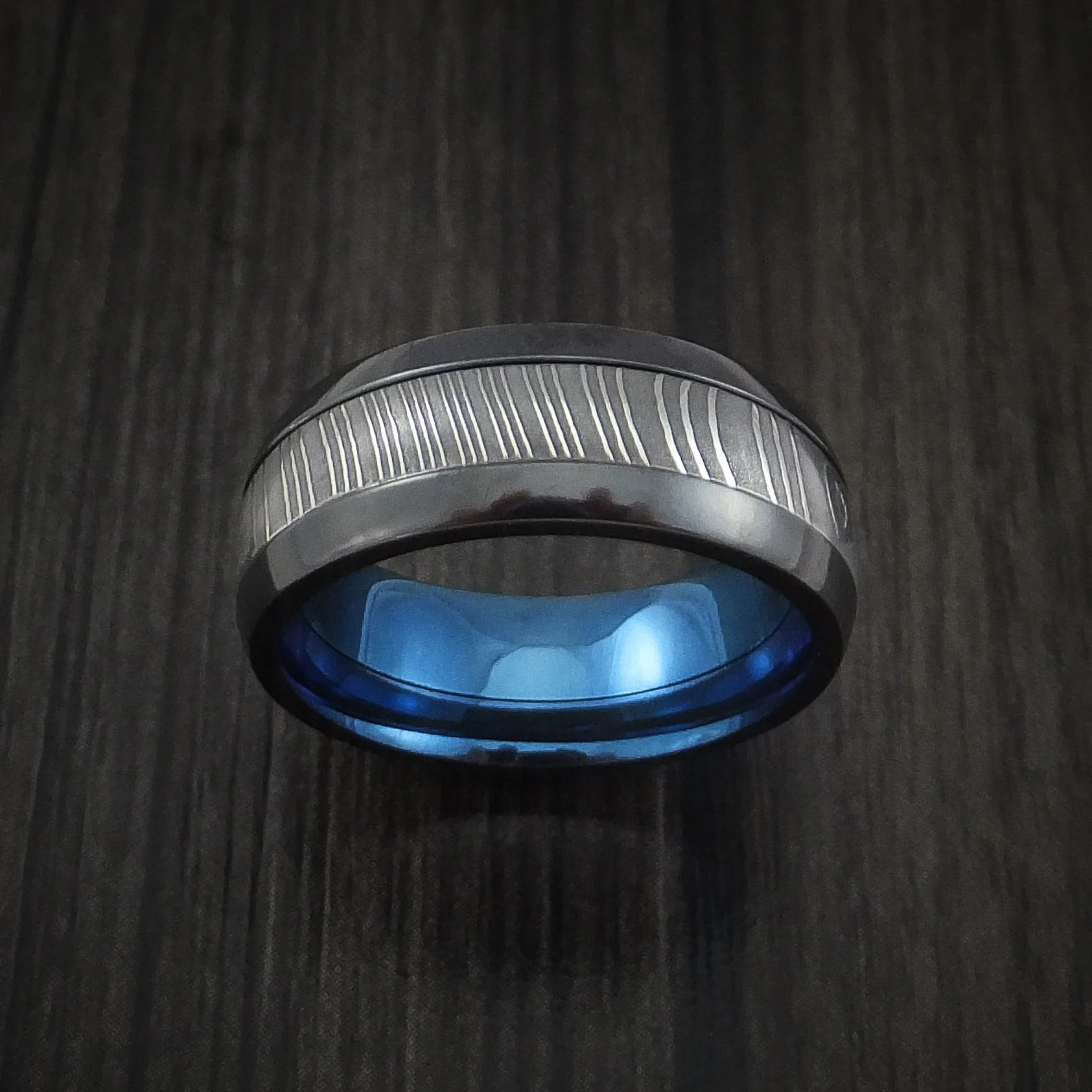 Black Zirconium and Damascus Steel Band with Anodized Interior Custom Made Men's Ring - Image 2