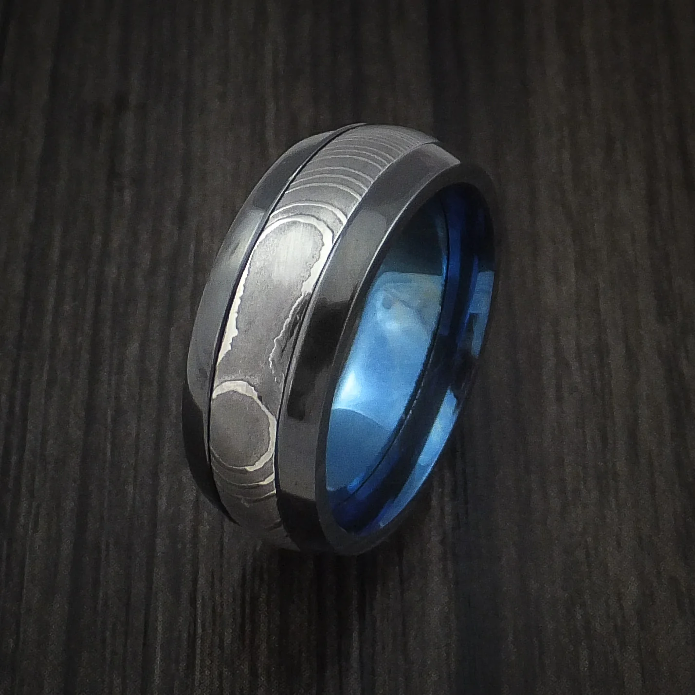 Black Zirconium and Damascus Steel Band with Anodized Interior Custom Made Men's Ring - Image 4