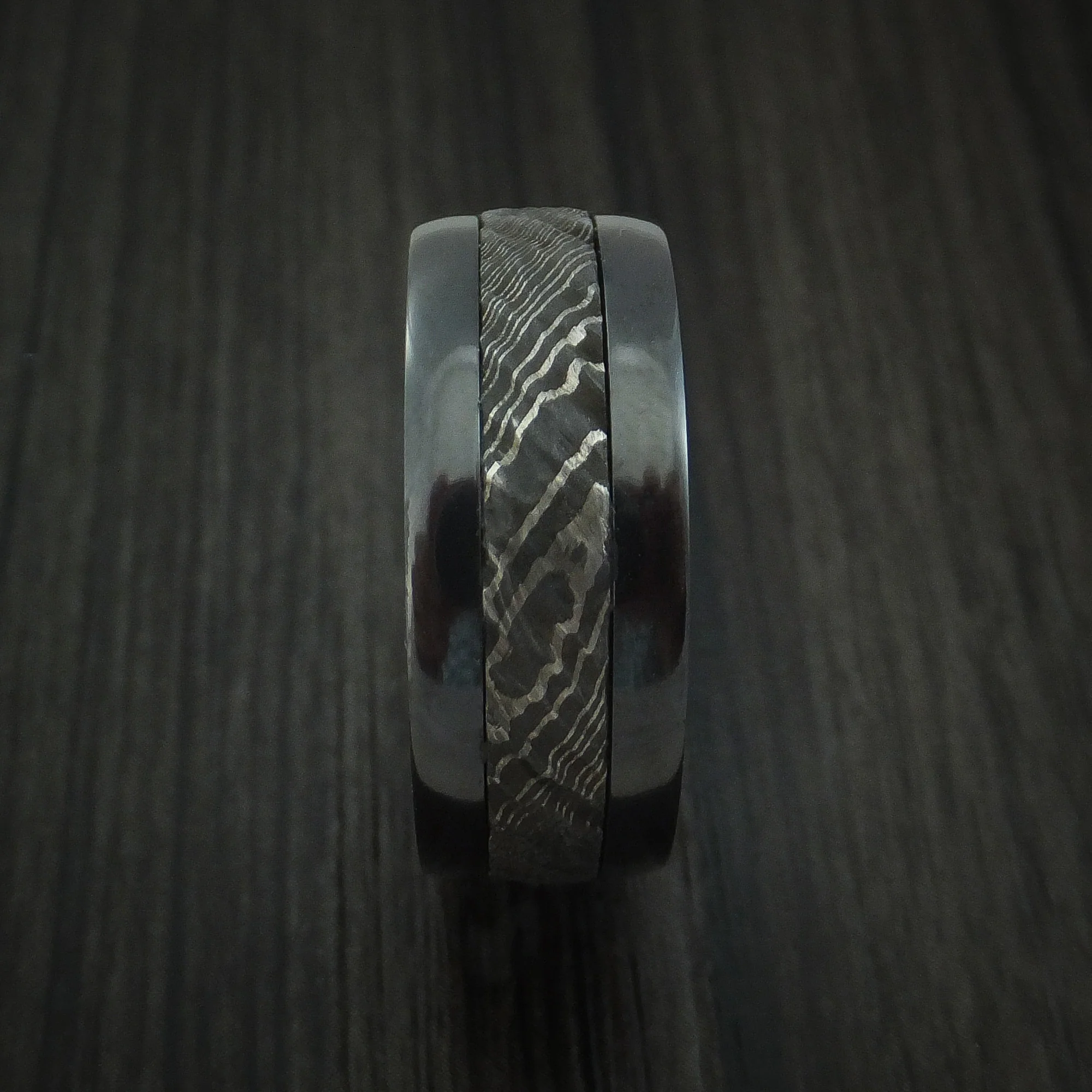 Black Zirconium and Damascus Steel Men's Ring with Tree Bark Carved Finish and Walnut Hardwood Sleeve Custom Made Band - Image 3