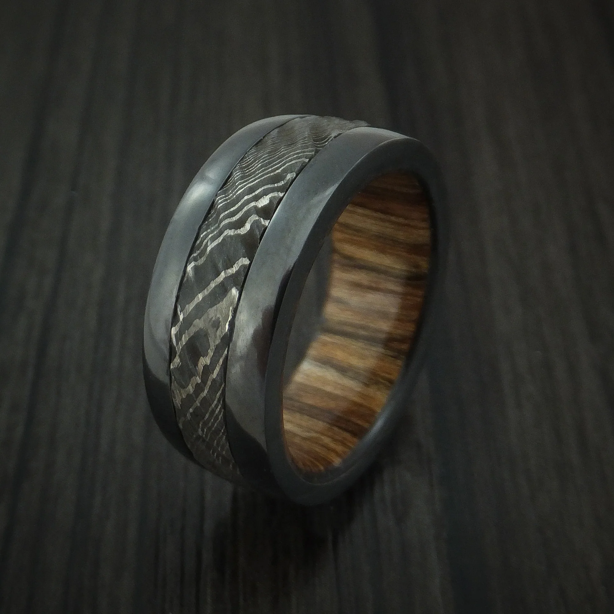 Black Zirconium and Damascus Steel Men's Ring with Tree Bark Carved Finish and Walnut Hardwood Sleeve Custom Made Band - Image 4