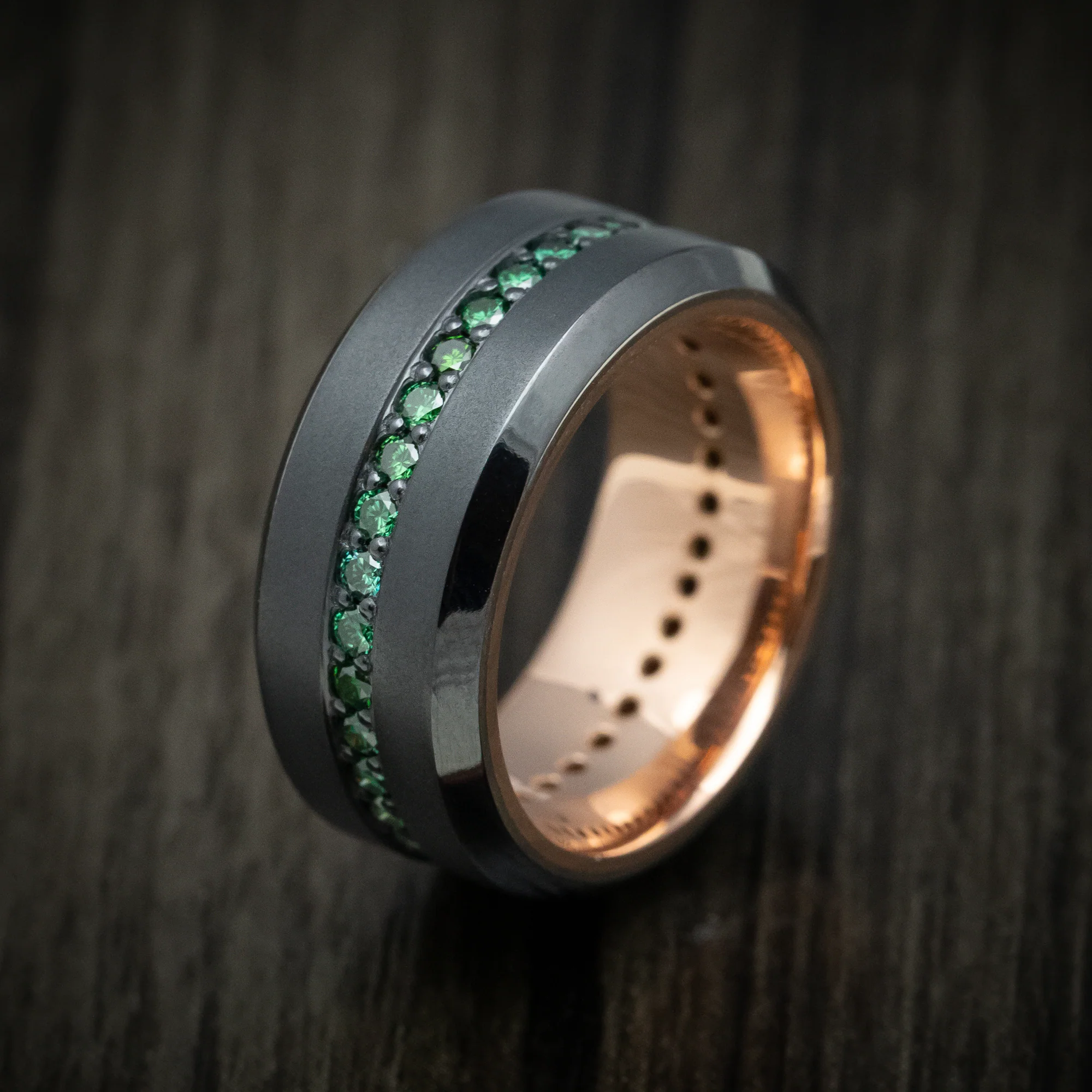 Black Zirconium and Green Diamond Men's Ring with 14K Gold Sleeve Custom Made Band - Image 4