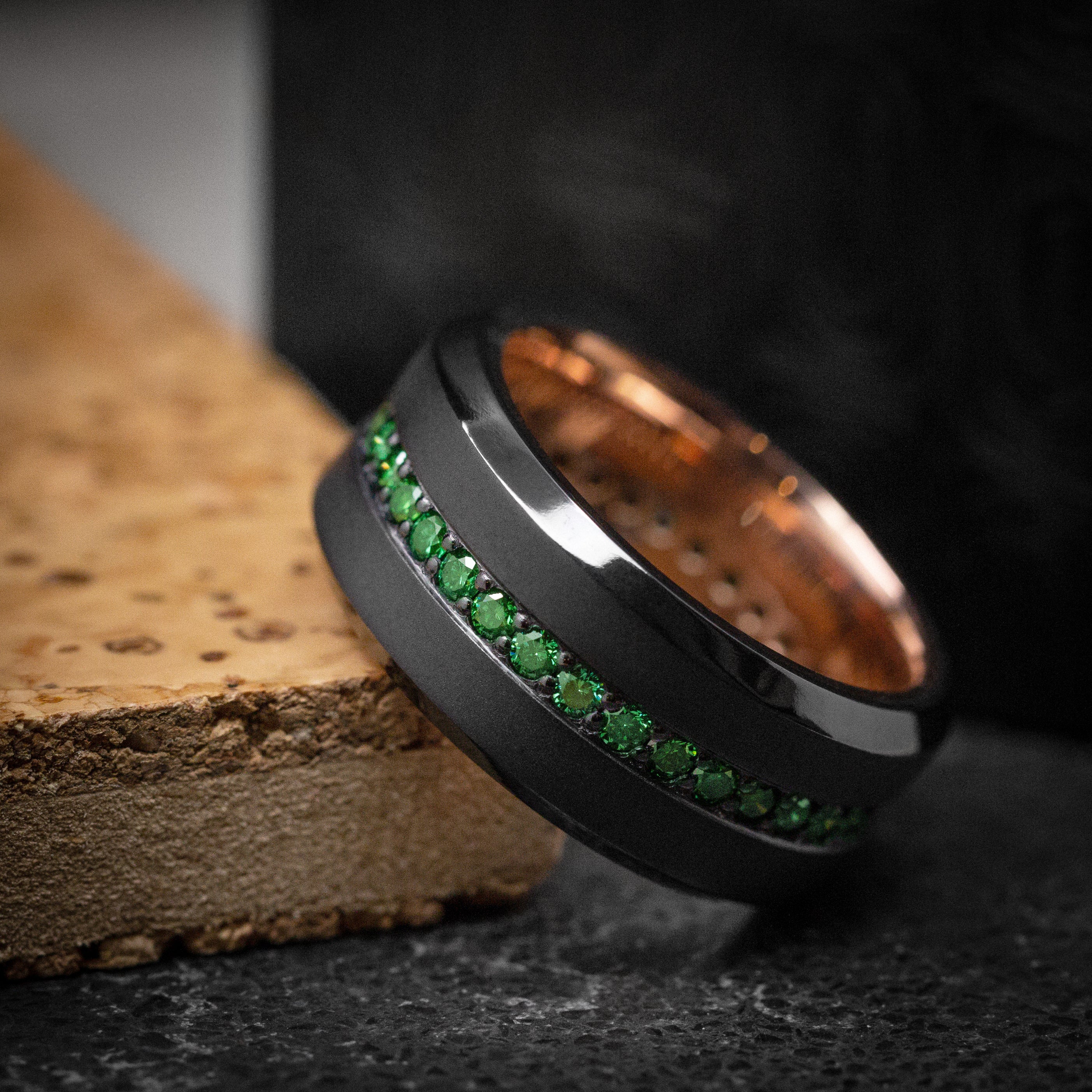 Black Zirconium and Green Diamond Men's Ring with 14K Gold Sleeve Custom Made Band - Image 5