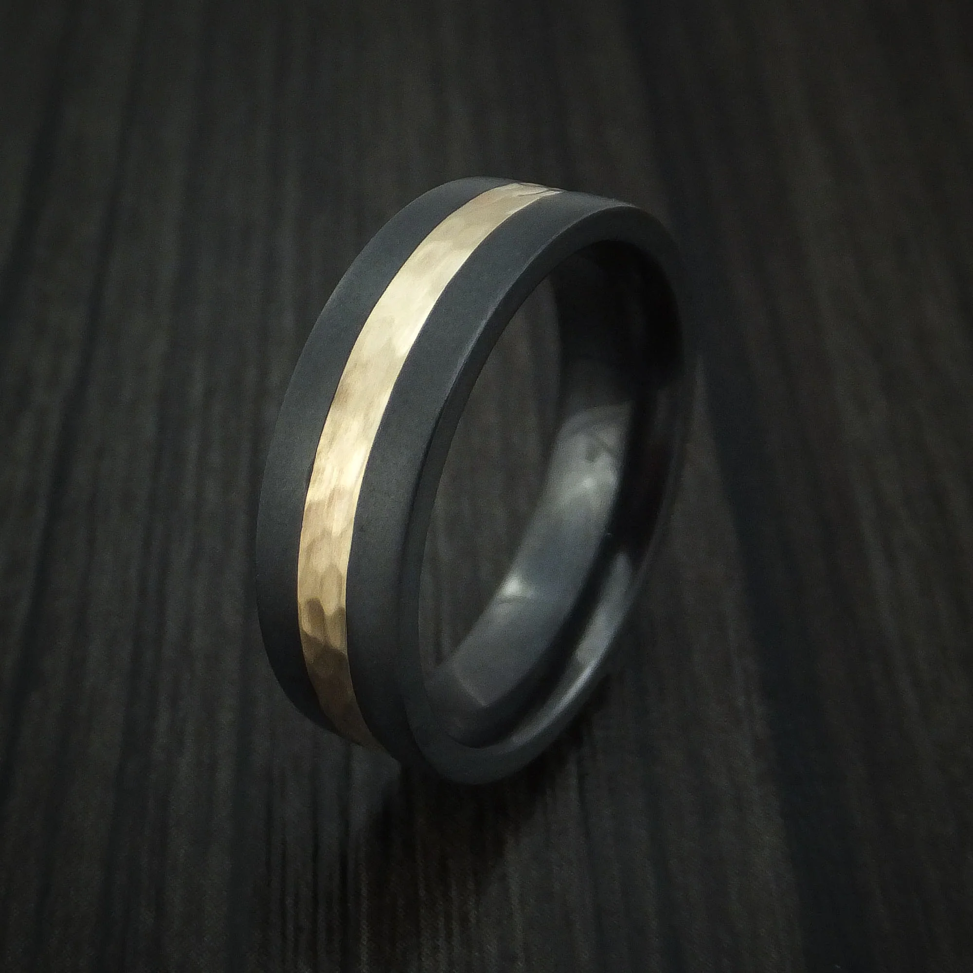 Black Zirconium and Hammered 14k Yellow Gold Band Custom Made Men's Ring - Image 4