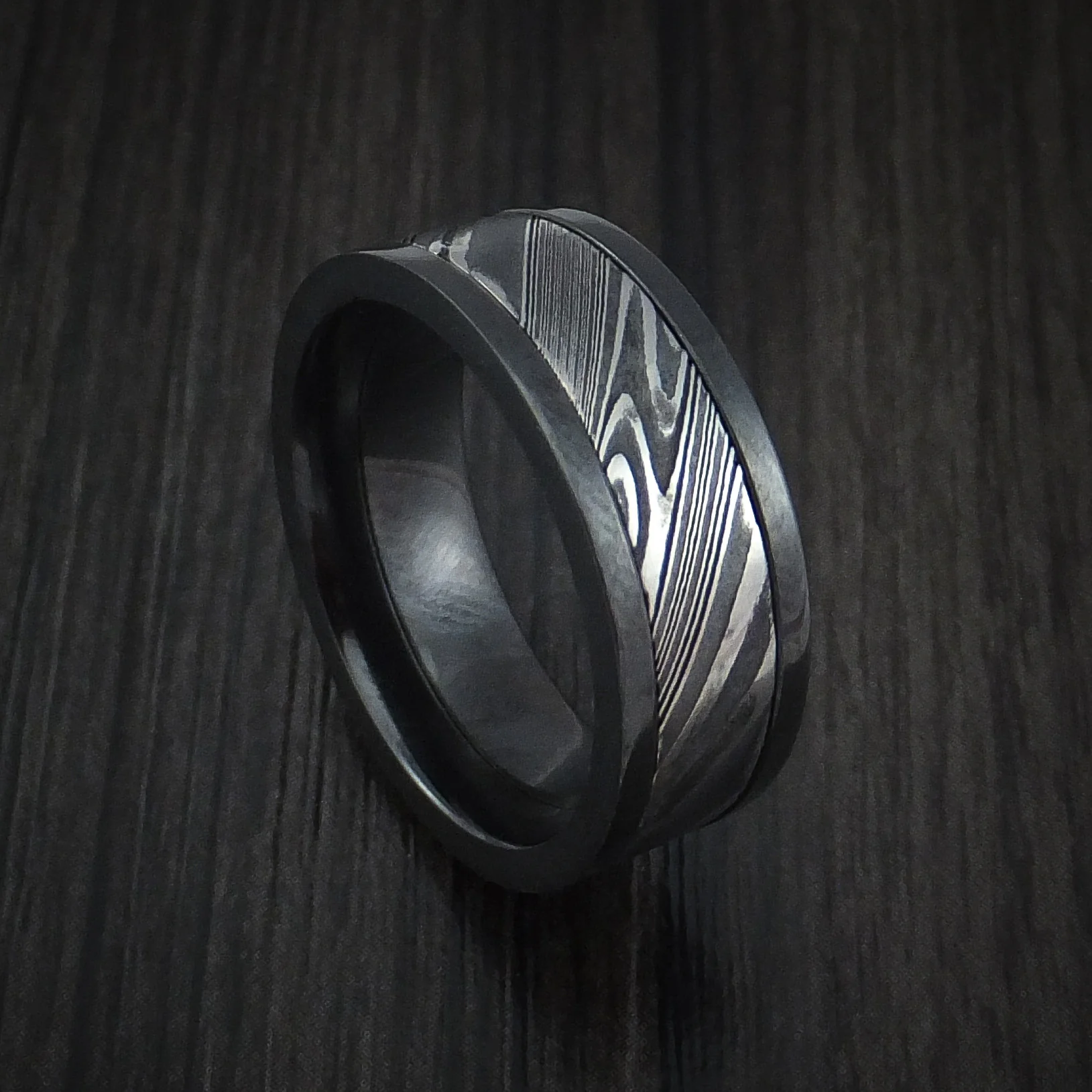 Black Zirconium and Woodgrain Kuro Damascus Steel Band Custom Made Men's Ring