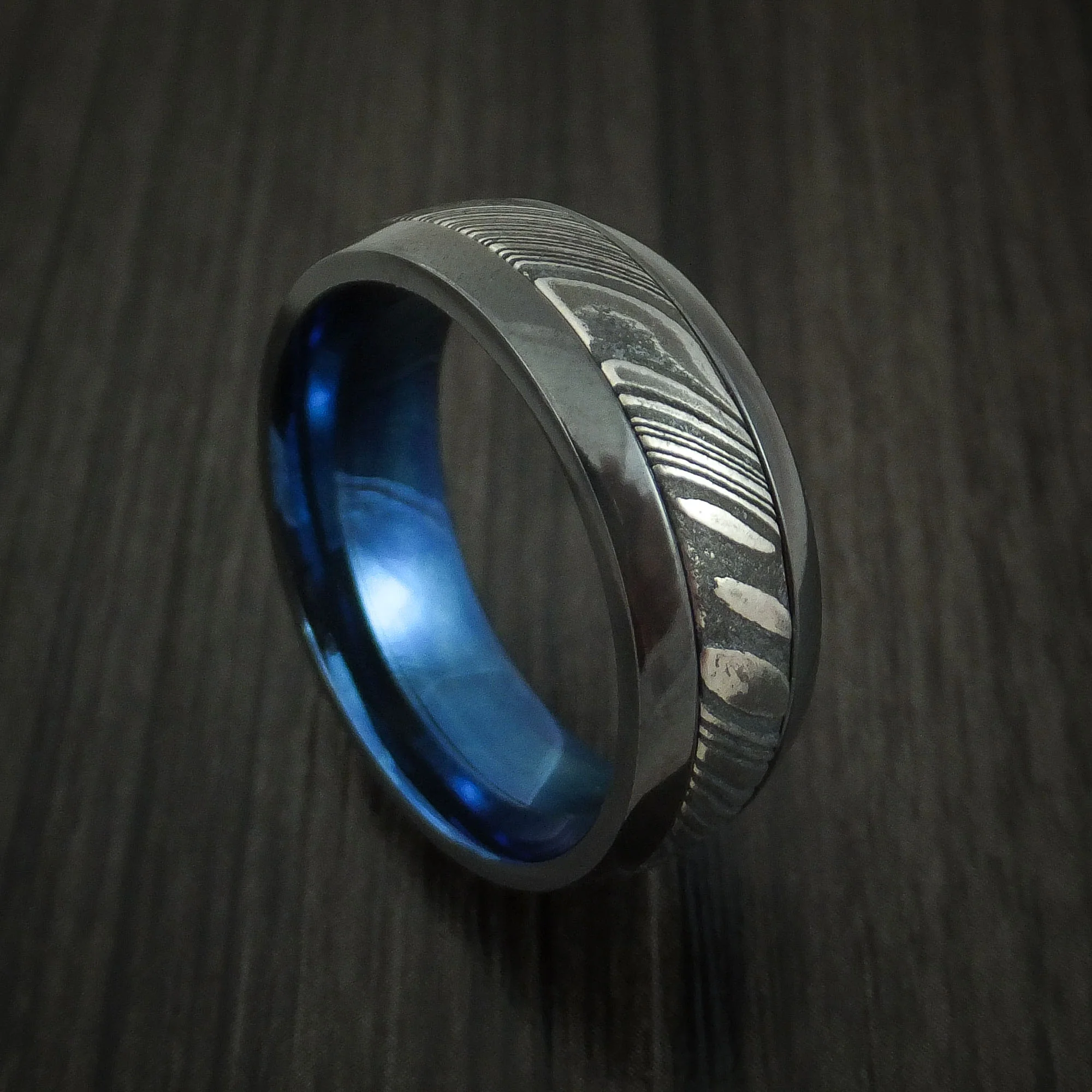 Black Zirconium and Woodgrain Kuro Damascus Steel Band with Anodized Interior Custom Made Men's Ring