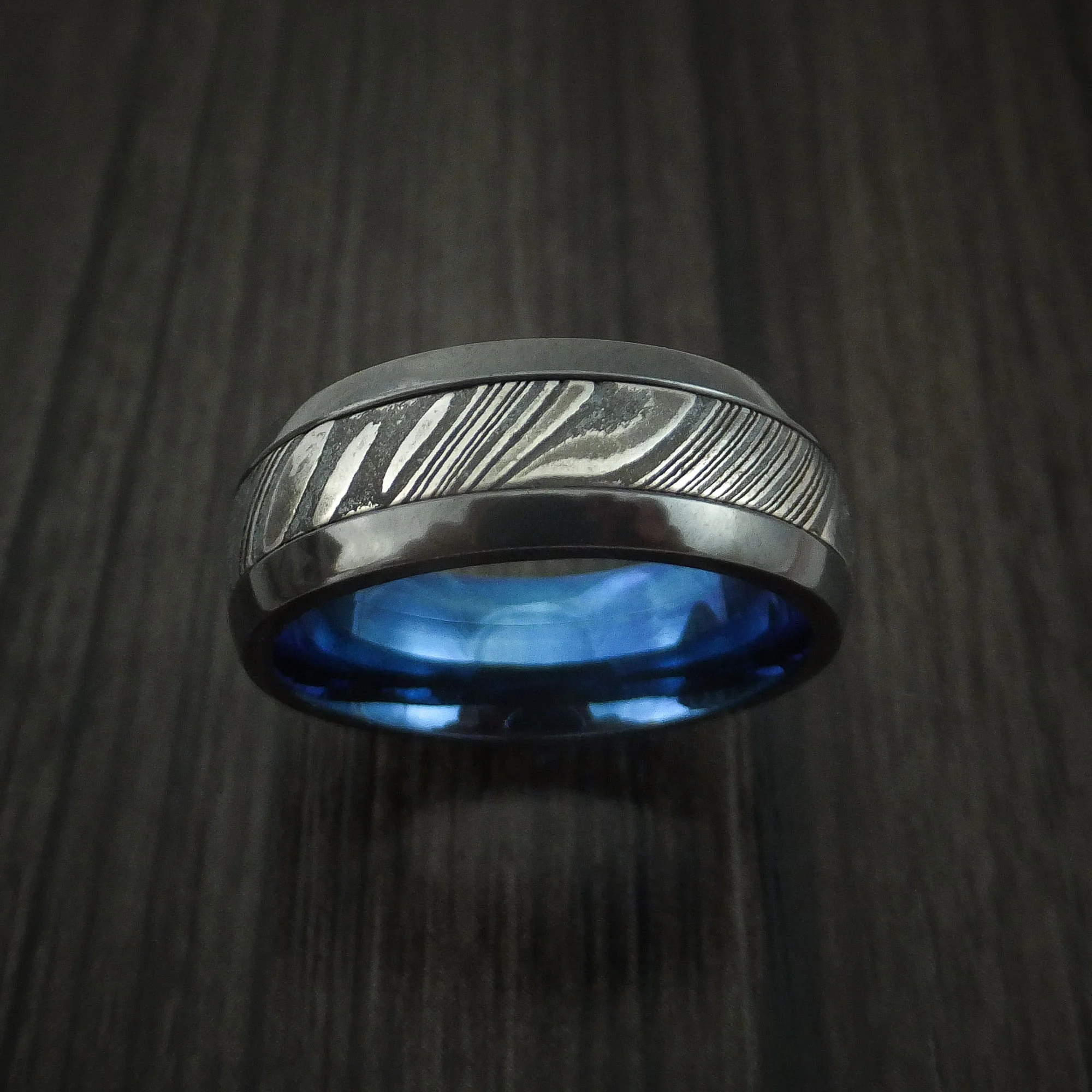 Black Zirconium and Woodgrain Kuro Damascus Steel Band with Anodized Interior Custom Made Men's Ring - Image 2