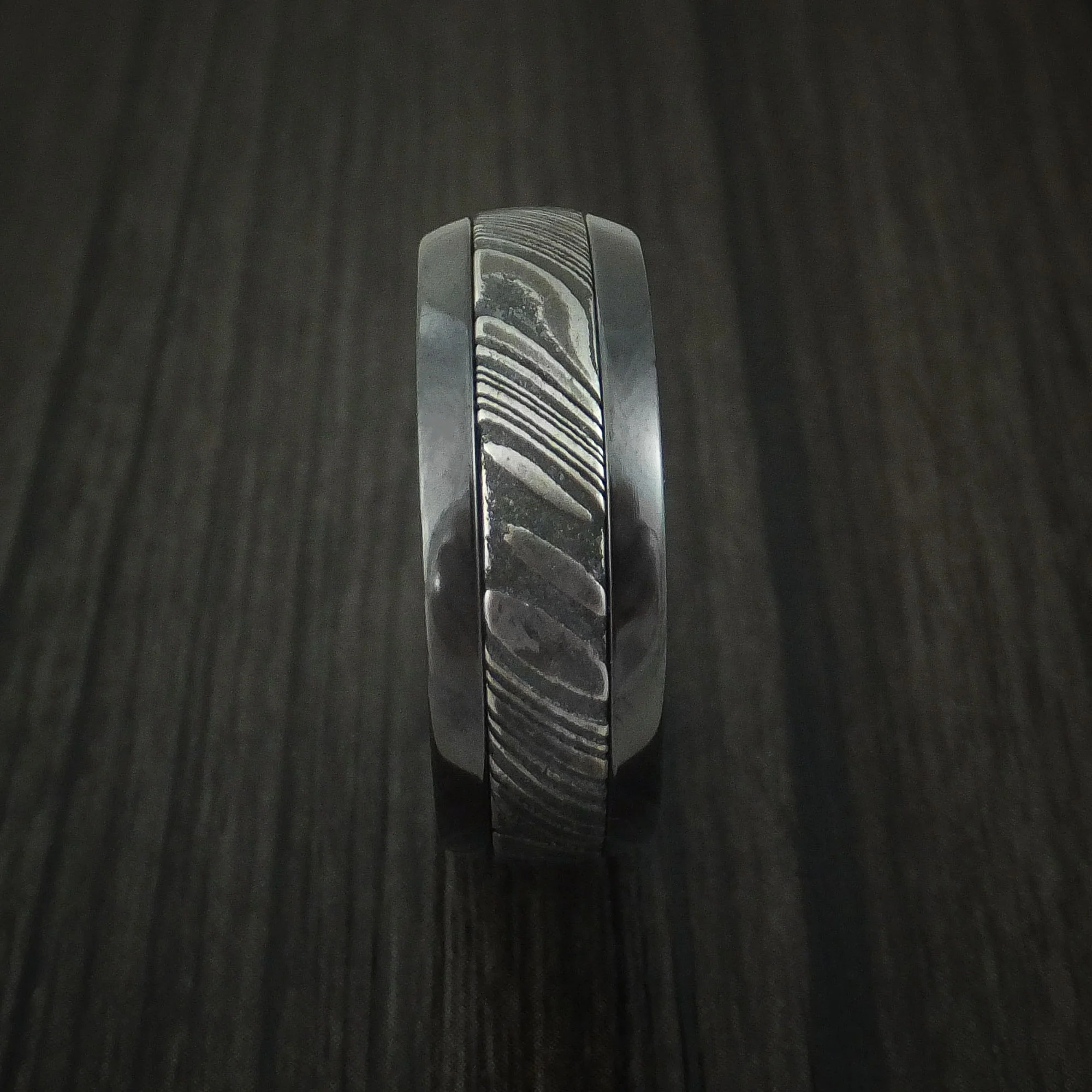 Black Zirconium and Woodgrain Kuro Damascus Steel Band with Anodized Interior Custom Made Men's Ring - Image 3