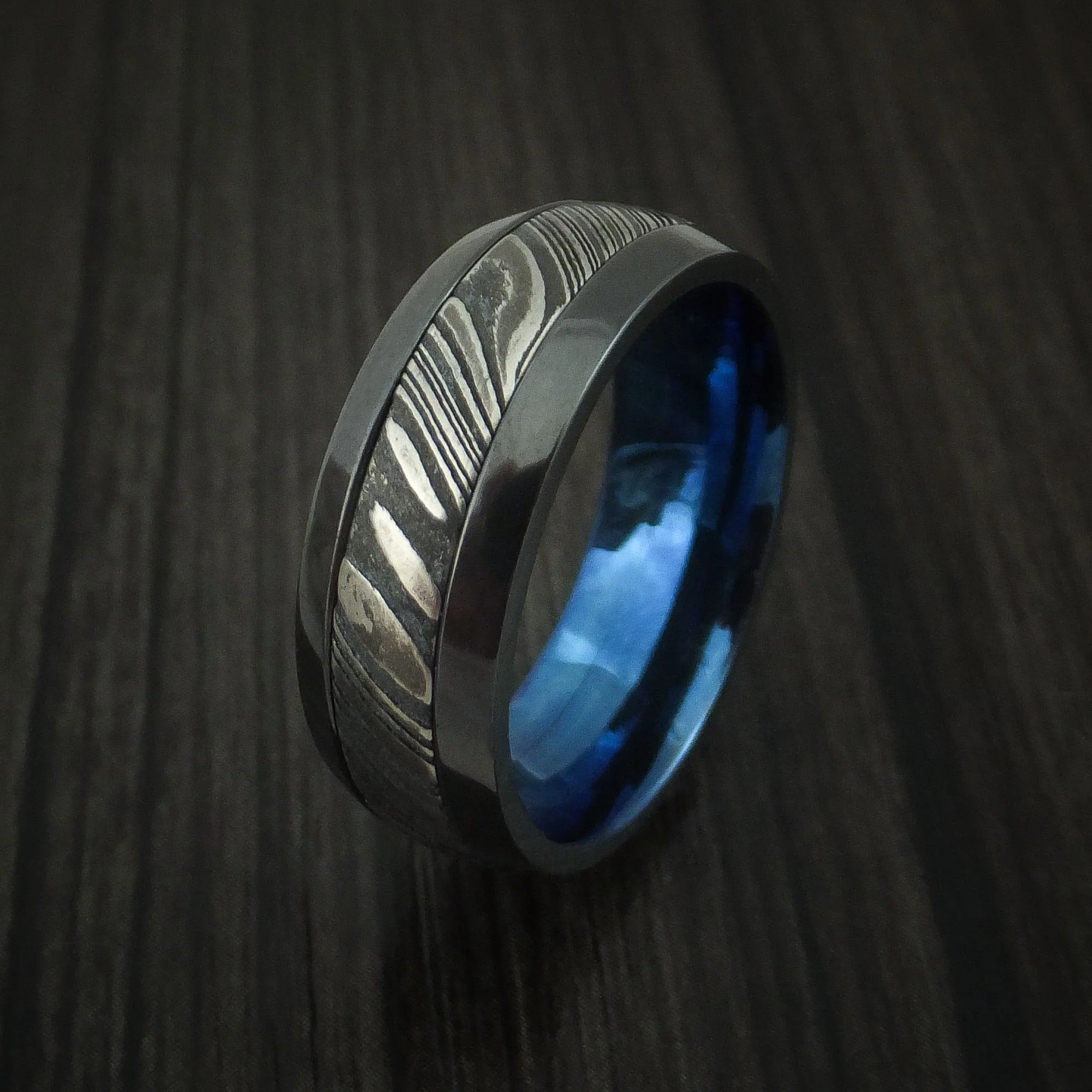 Black Zirconium and Woodgrain Kuro Damascus Steel Band with Anodized Interior Custom Made Men's Ring - Image 4