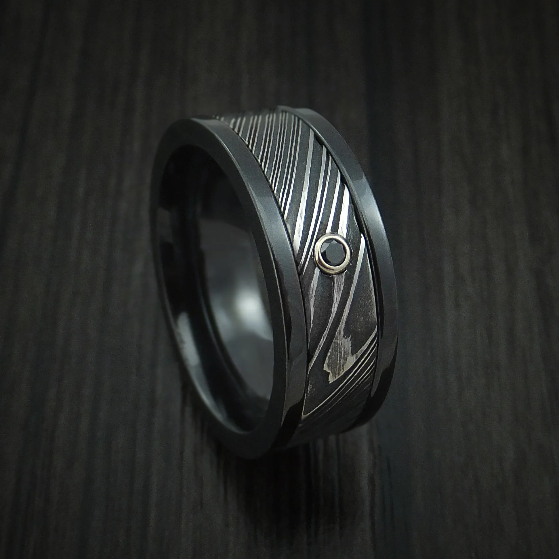 Black Zirconium and Woodgrain Kuro Damascus Steel Band with Black Diamond Custom Made Men's Ring