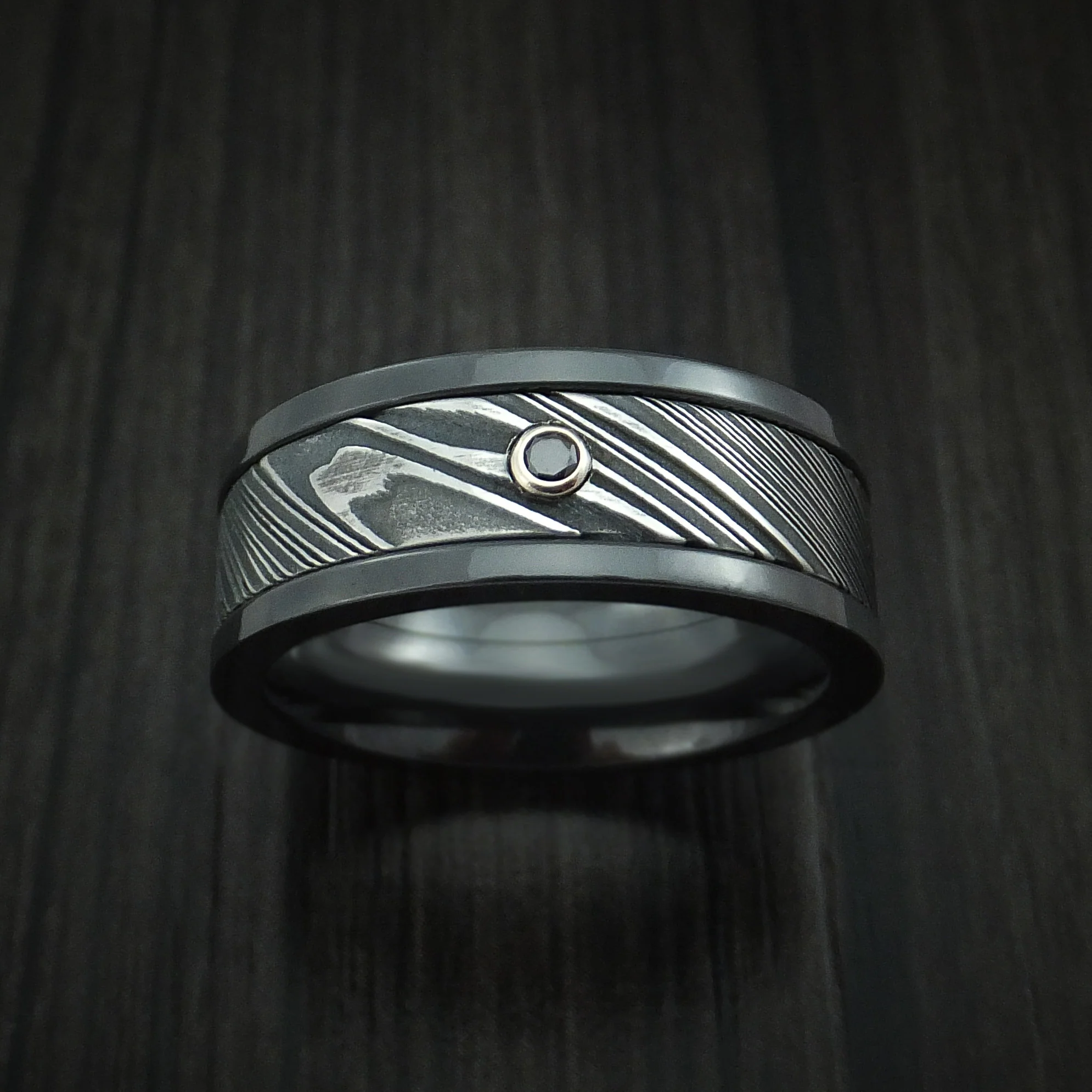 Black Zirconium and Woodgrain Kuro Damascus Steel Band with Black Diamond Custom Made Men's Ring - Image 2