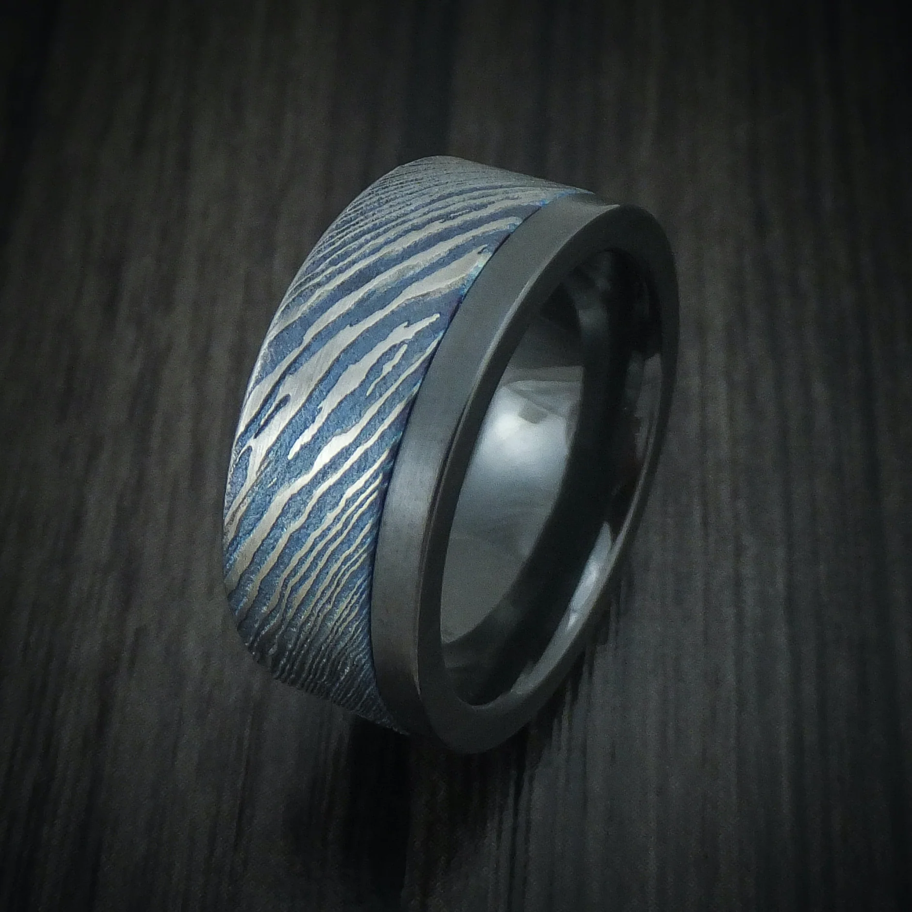 Black Zirconium and Kuro-Ti Heat-Treated Titanium Damascus Men's Ring Custom Made Band - Image 4