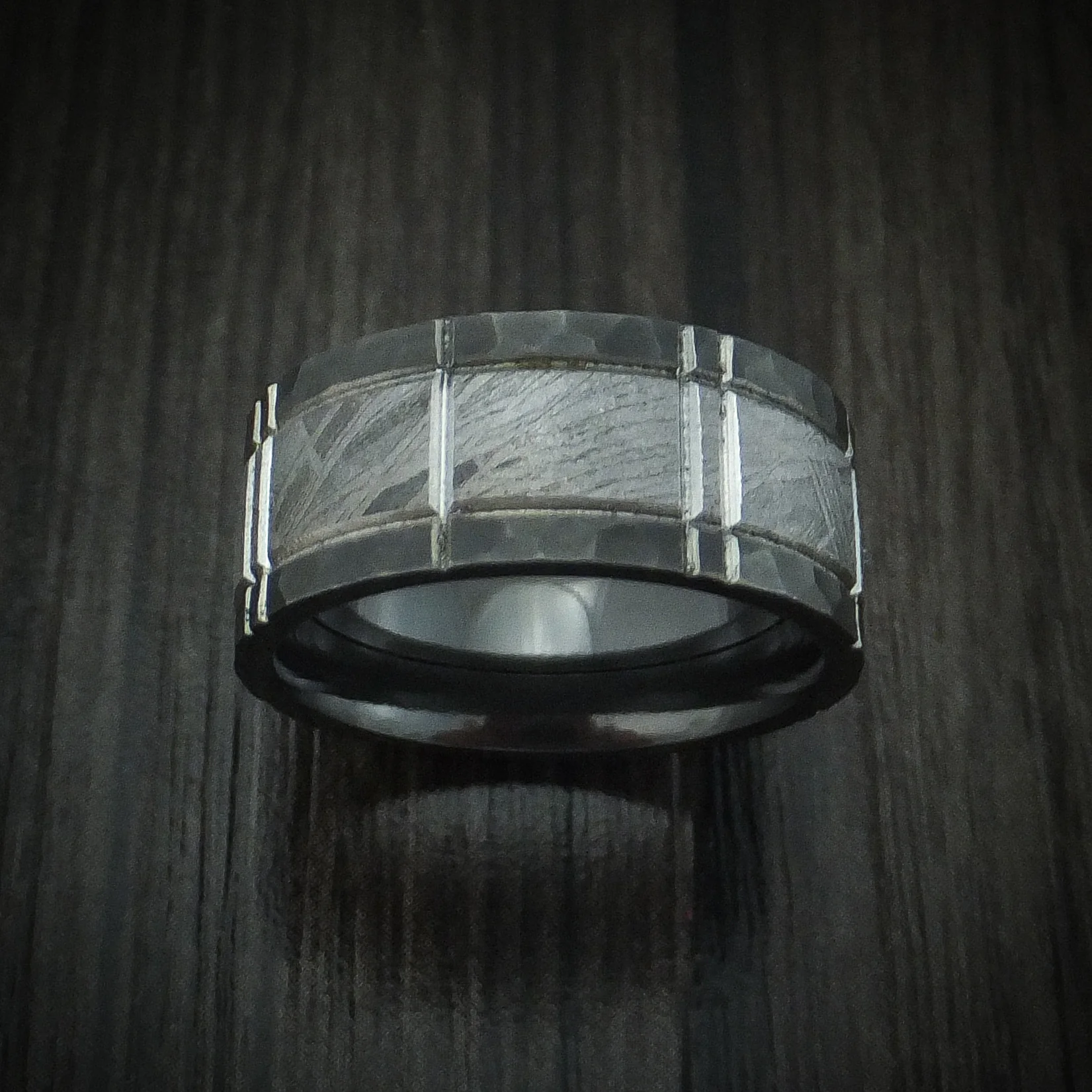 Black Zirconium and Meteorite Crosshatch Design Men's Ring Custom Made Band - Image 2