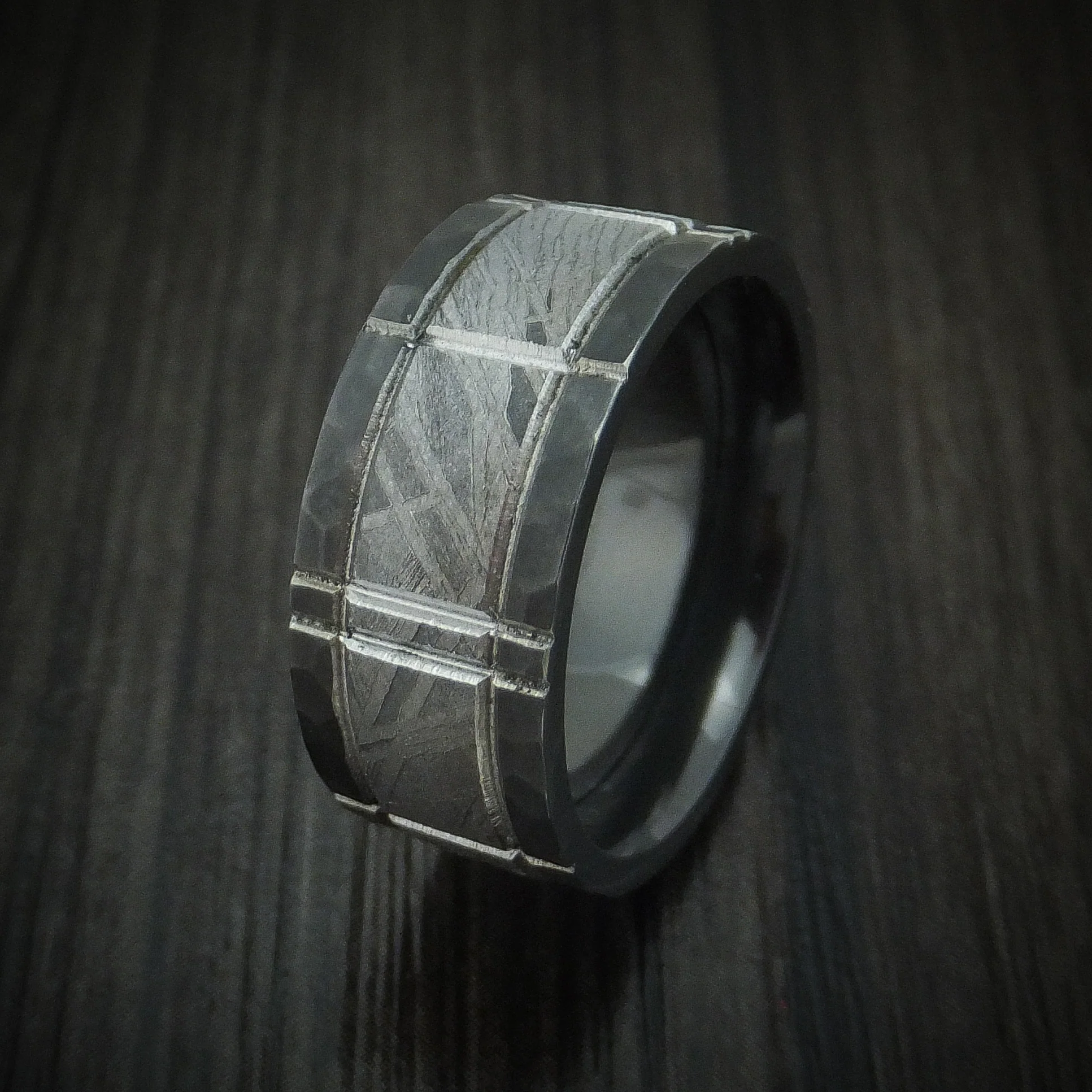Black Zirconium and Meteorite Crosshatch Design Men's Ring Custom Made Band - Image 4