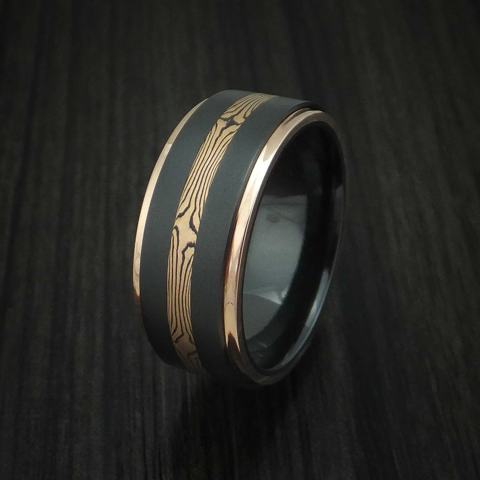 Black Zirconium and Mokume Gane Men's Ring with Gold Edges Custom Made Band - Image 4