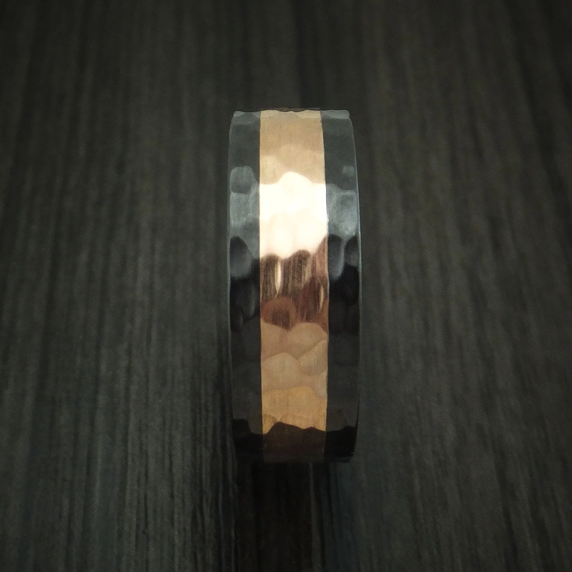 Black Zirconium and Rose Gold Hammered Band Custom Made Men's Ring - Image 3