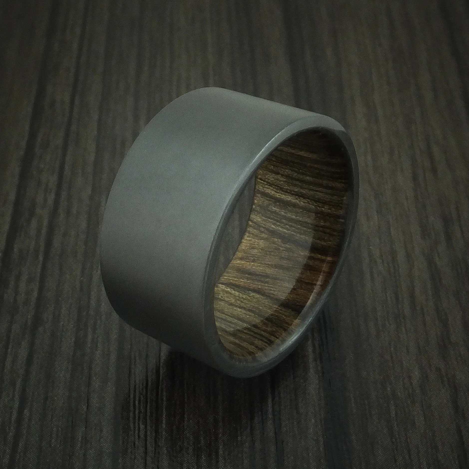 Black Zirconium and Walnut Wood Sleeve Men's Ring Custom Made - Image 4