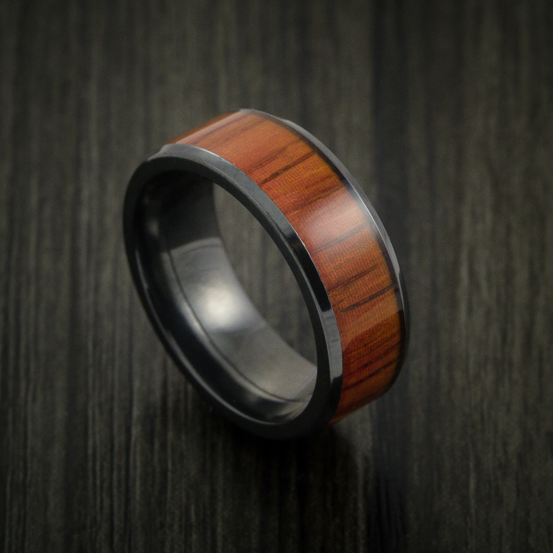 Black Zirconium Men's Ring Inlaid with Padauk Wood Custom Made