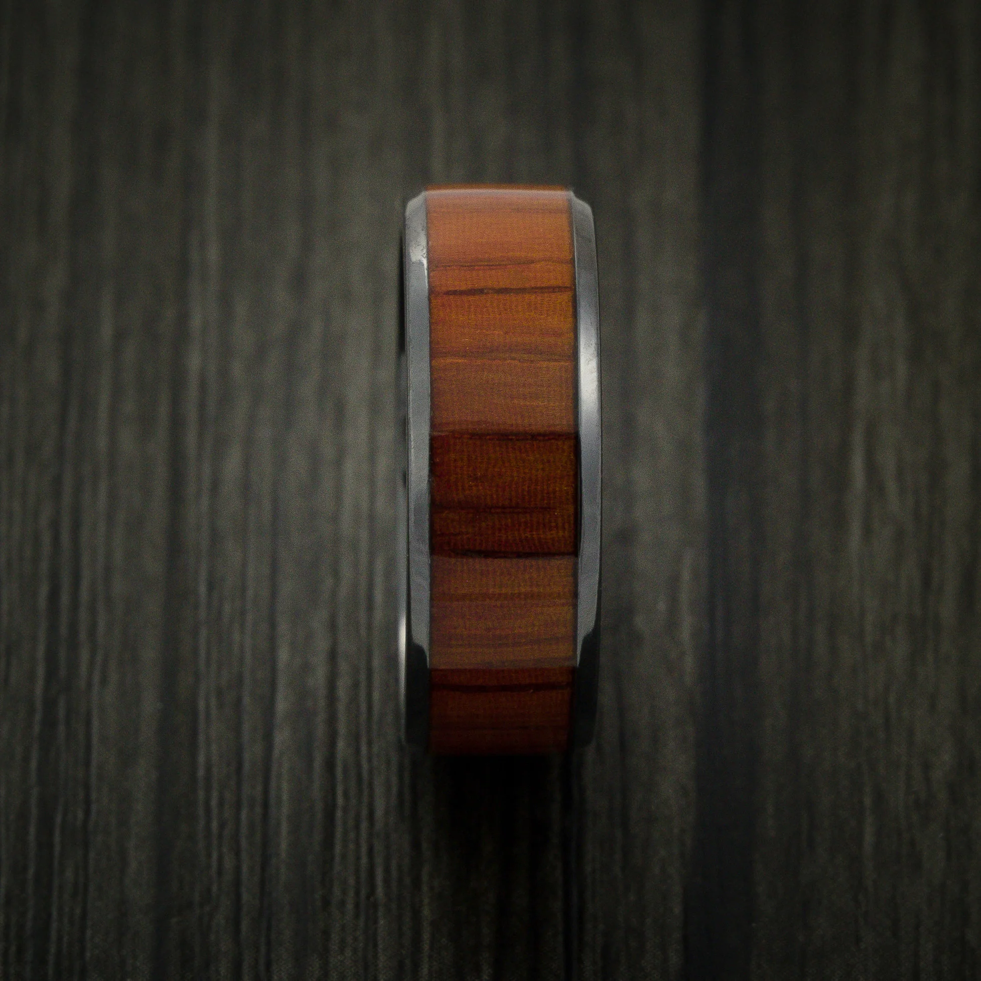 Black Zirconium Men's Ring Inlaid with Padauk Wood Custom Made - Image 3