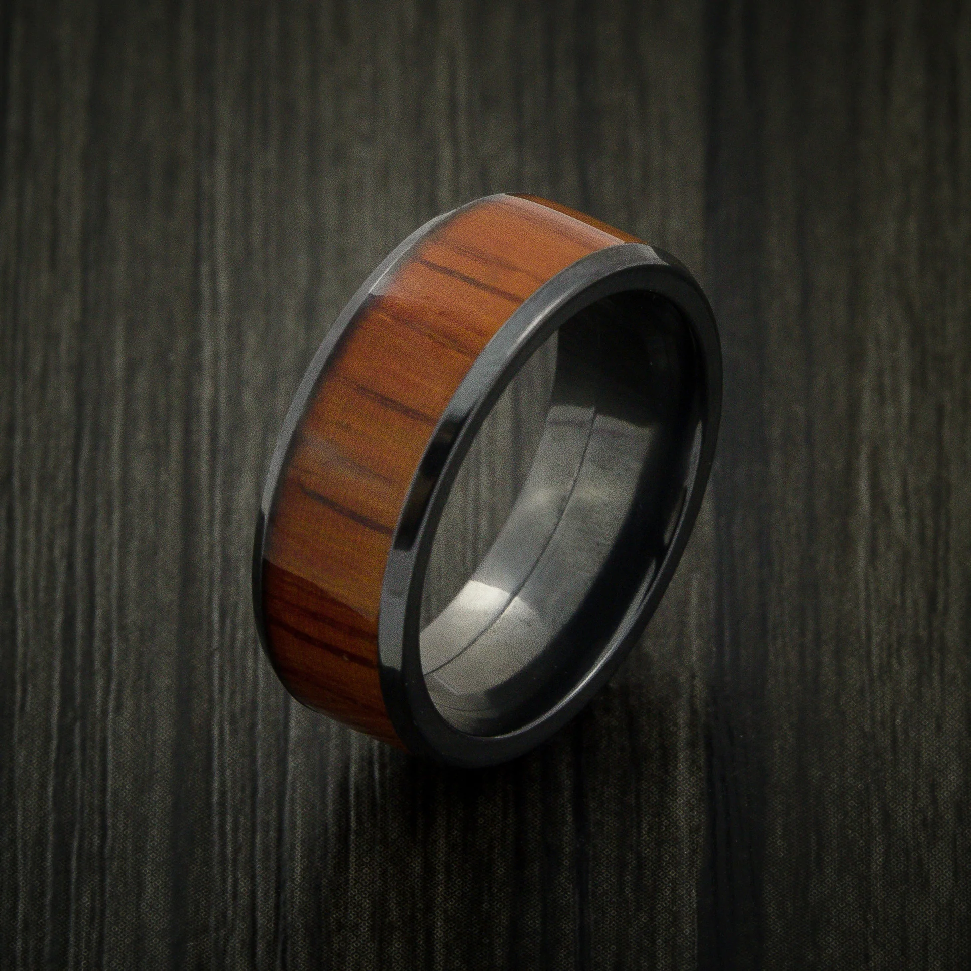 Black Zirconium Men's Ring Inlaid with Padauk Wood Custom Made - Image 4