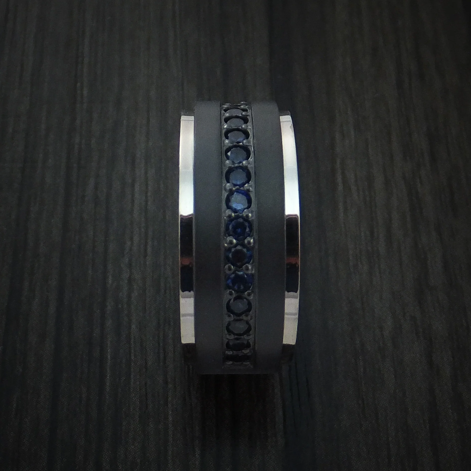 Black Zirconium Men's Band with 14K White Gold Edges and Half Eternity Sapphires - Image 4
