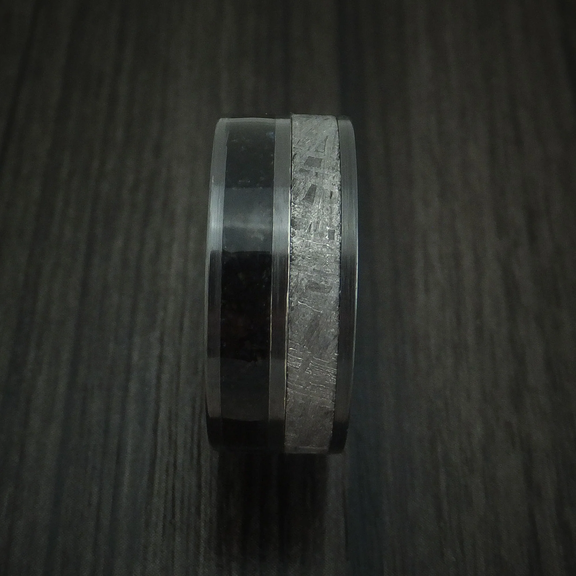 Black Zirconium Black Dinosaur Bone and Gibeon Meteorite Men's Ring Custom Made Fossil Band - Image 3