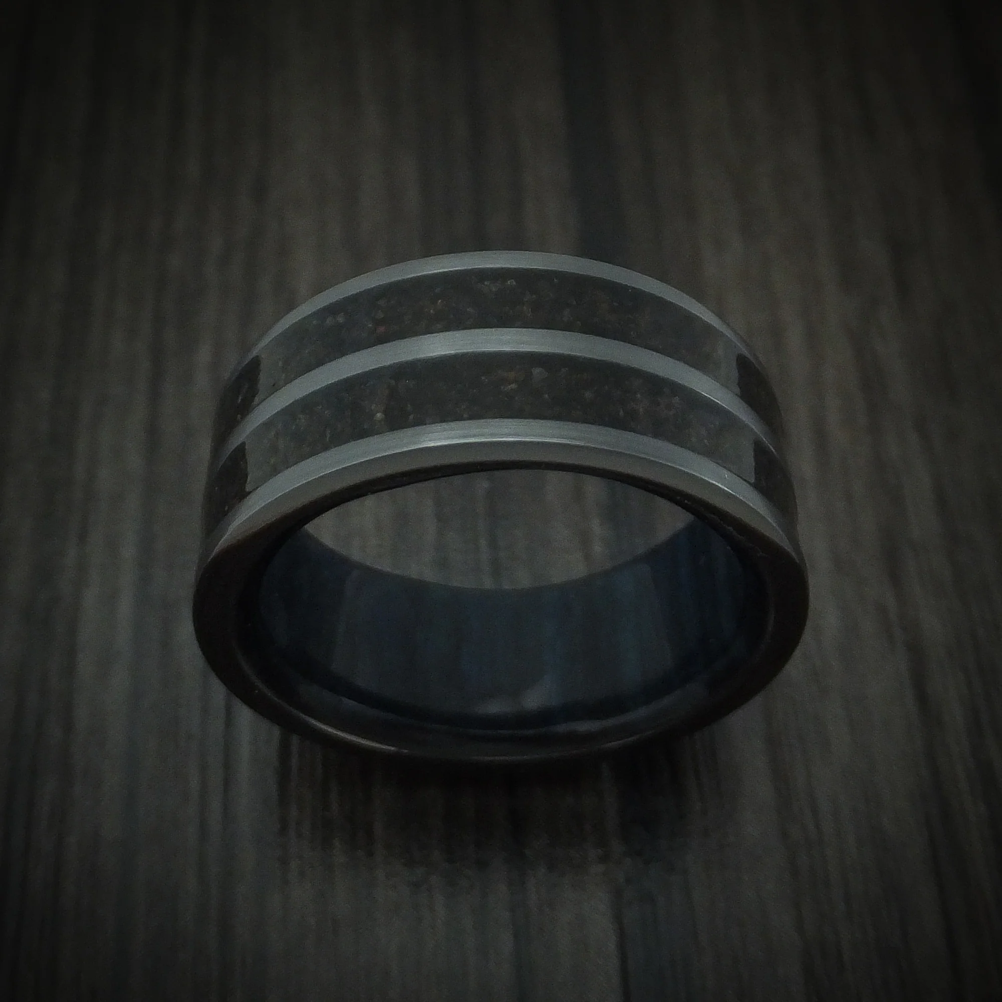 Black Zirconium Dinosaur Bone Men's Ring with Hardwood Sleeve - Image 2