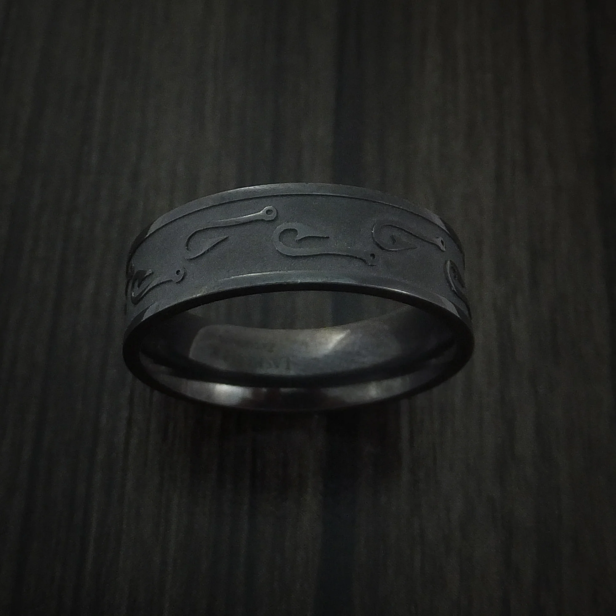 Black Zirconium Fish Hook Design Men's Ring Custom Made Fishing Band - Image 2
