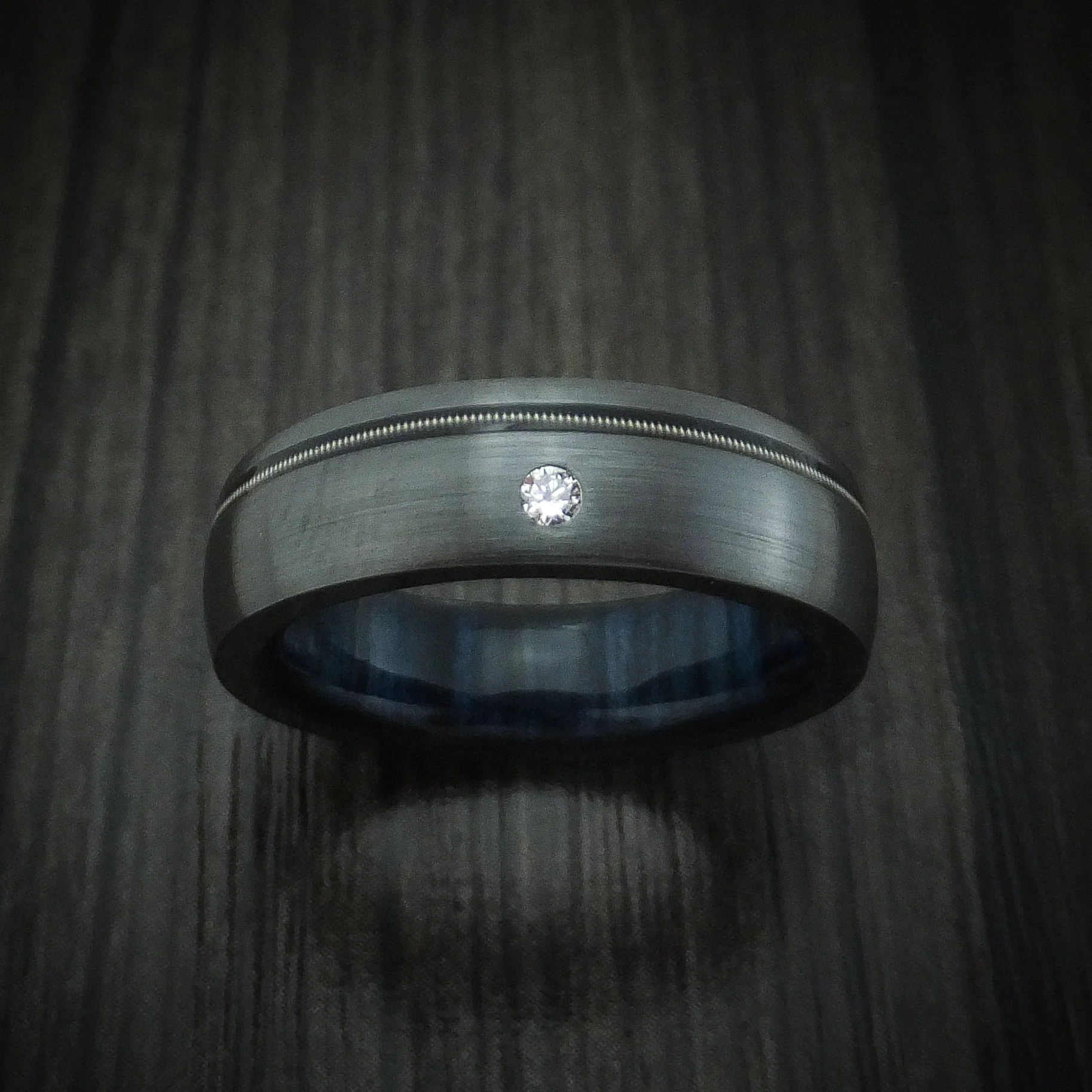 Black Zirconium Guitar String Men's Ring with Diamond and Wood Sleeve Custom Made - Image 2