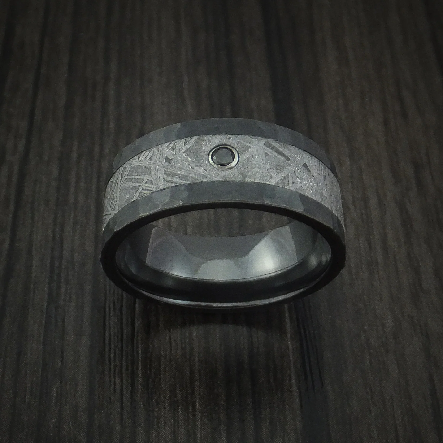 Black Zirconium Hammered Men's Ring with Gibeon Meteorite and Black Diamond Custom Made Band - Image 2