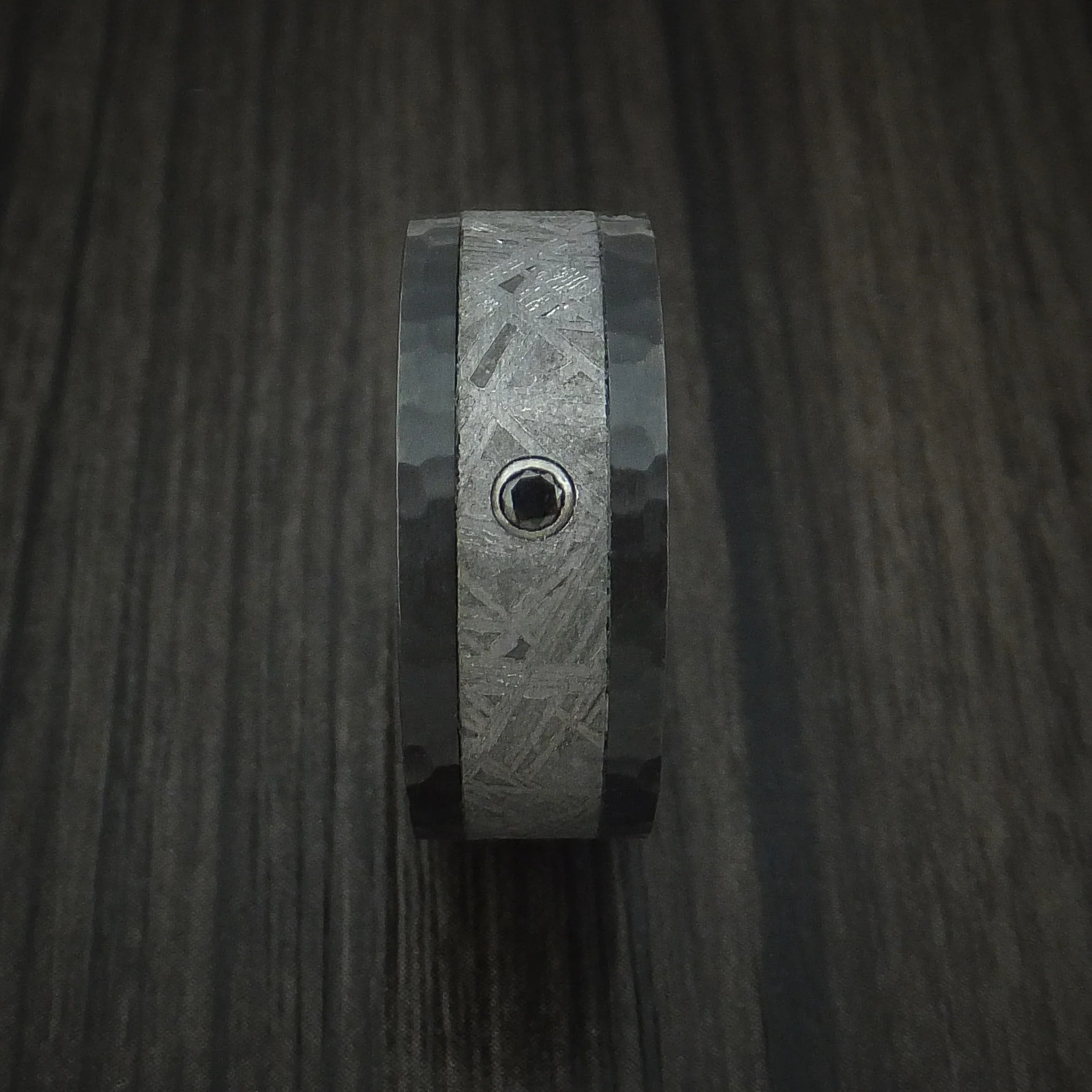 Black Zirconium Hammered Men's Ring with Gibeon Meteorite and Black Diamond Custom Made Band - Image 3