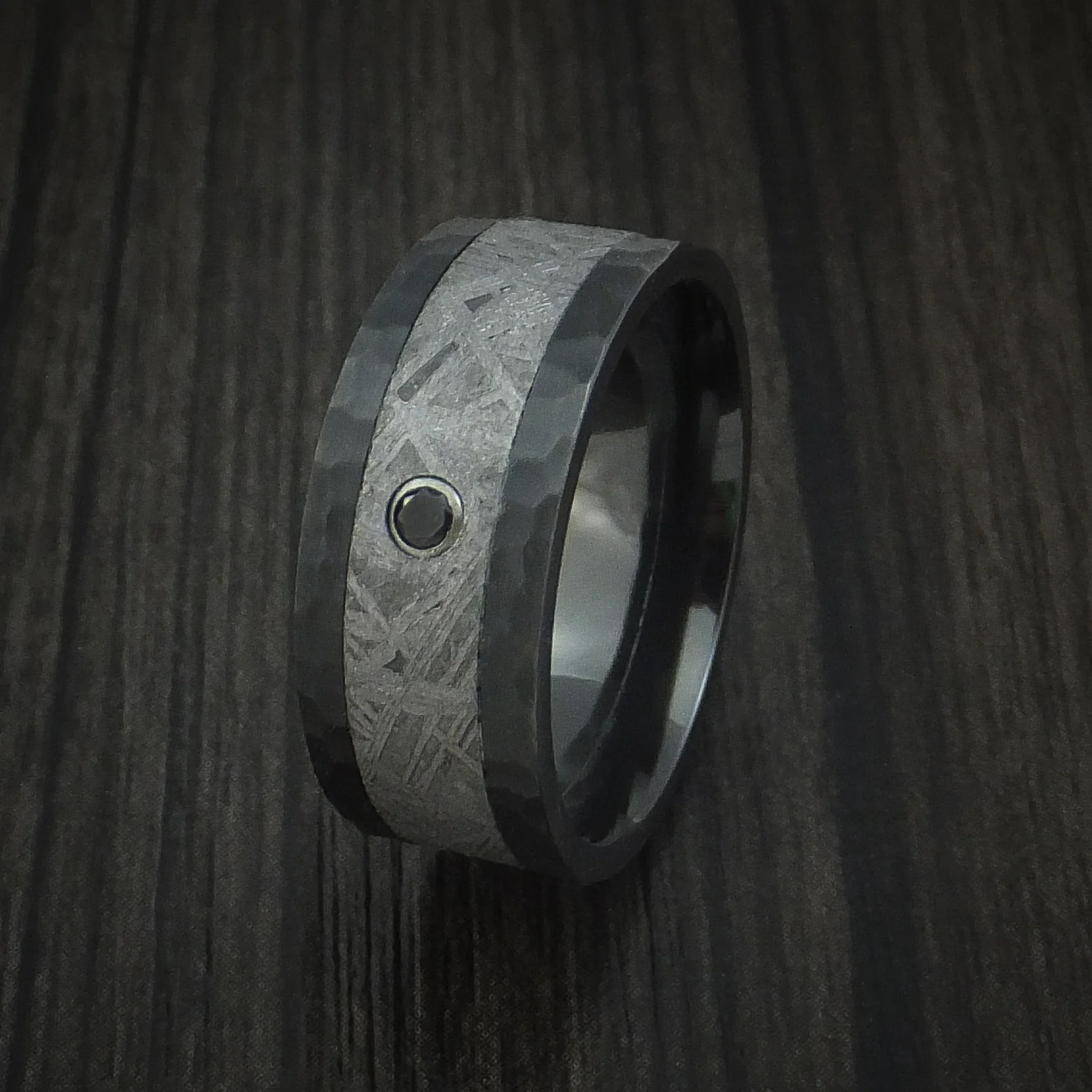 Black Zirconium Hammered Men's Ring with Gibeon Meteorite and Black Diamond Custom Made Band - Image 4