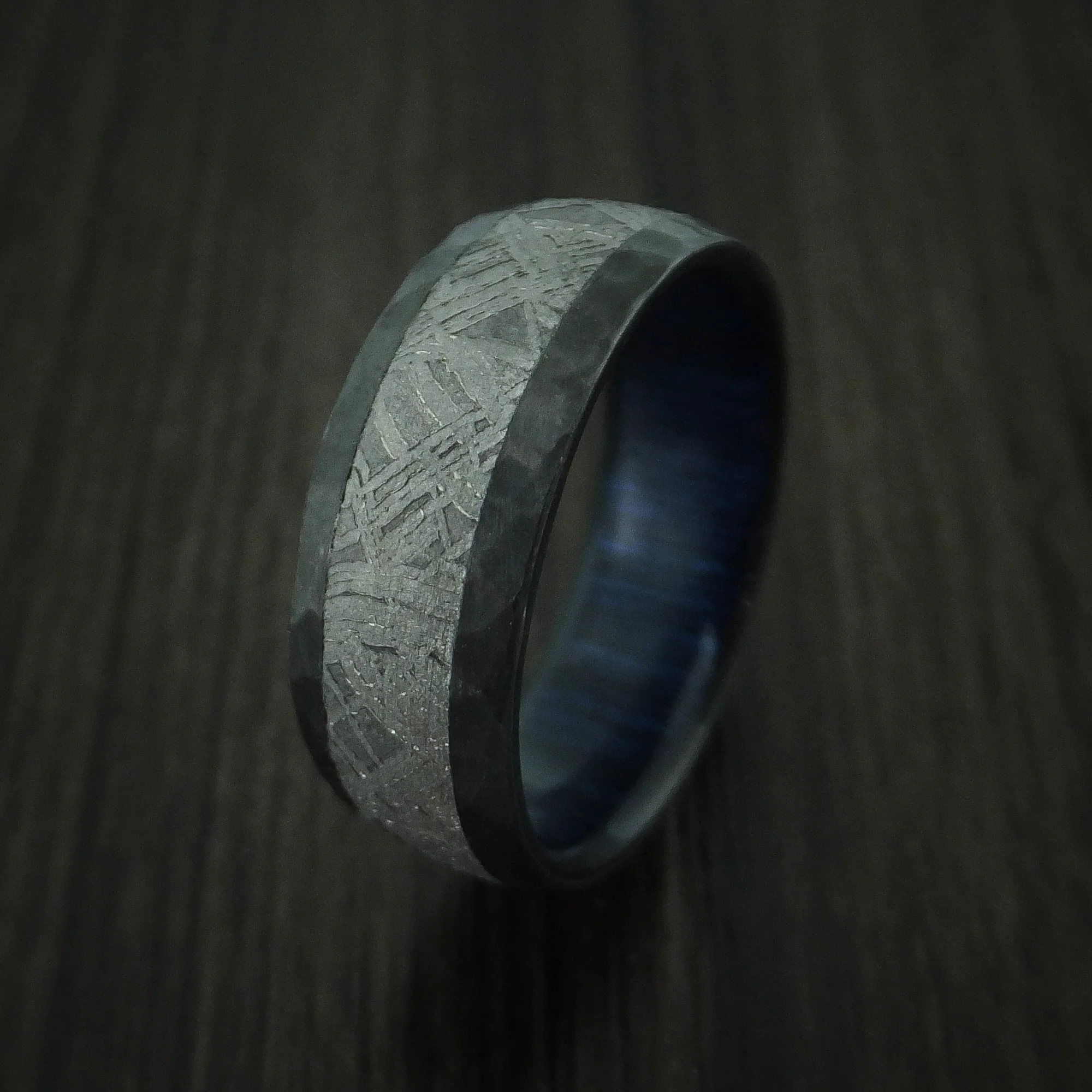 Black Zirconium Men's Ring with Gibeon Meteorite Inlay and Interior Hardwood Sleeve Custom Made Band - Image 4