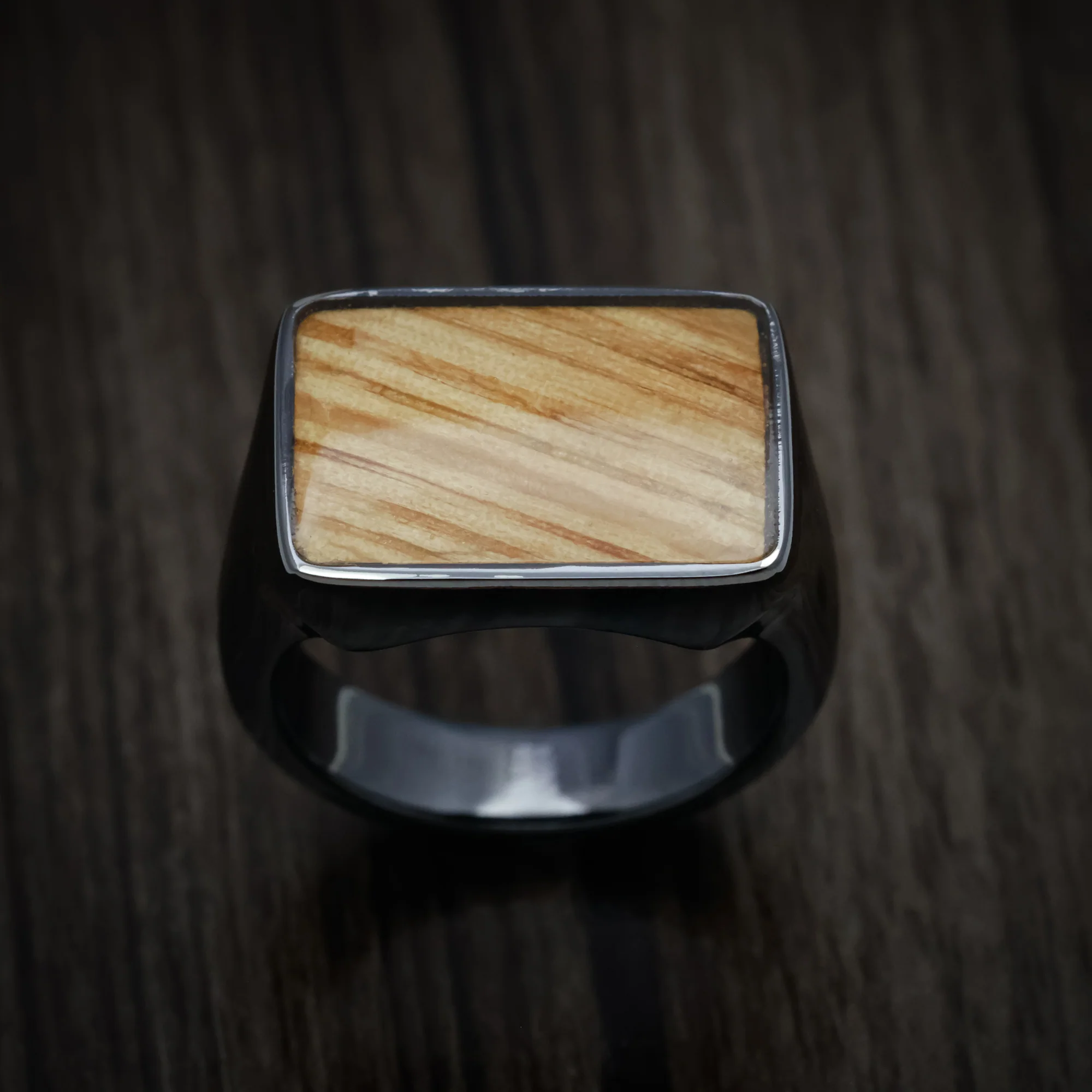Black Zirconium Large Signet Ring with Oak Wood Inlay - Image 2
