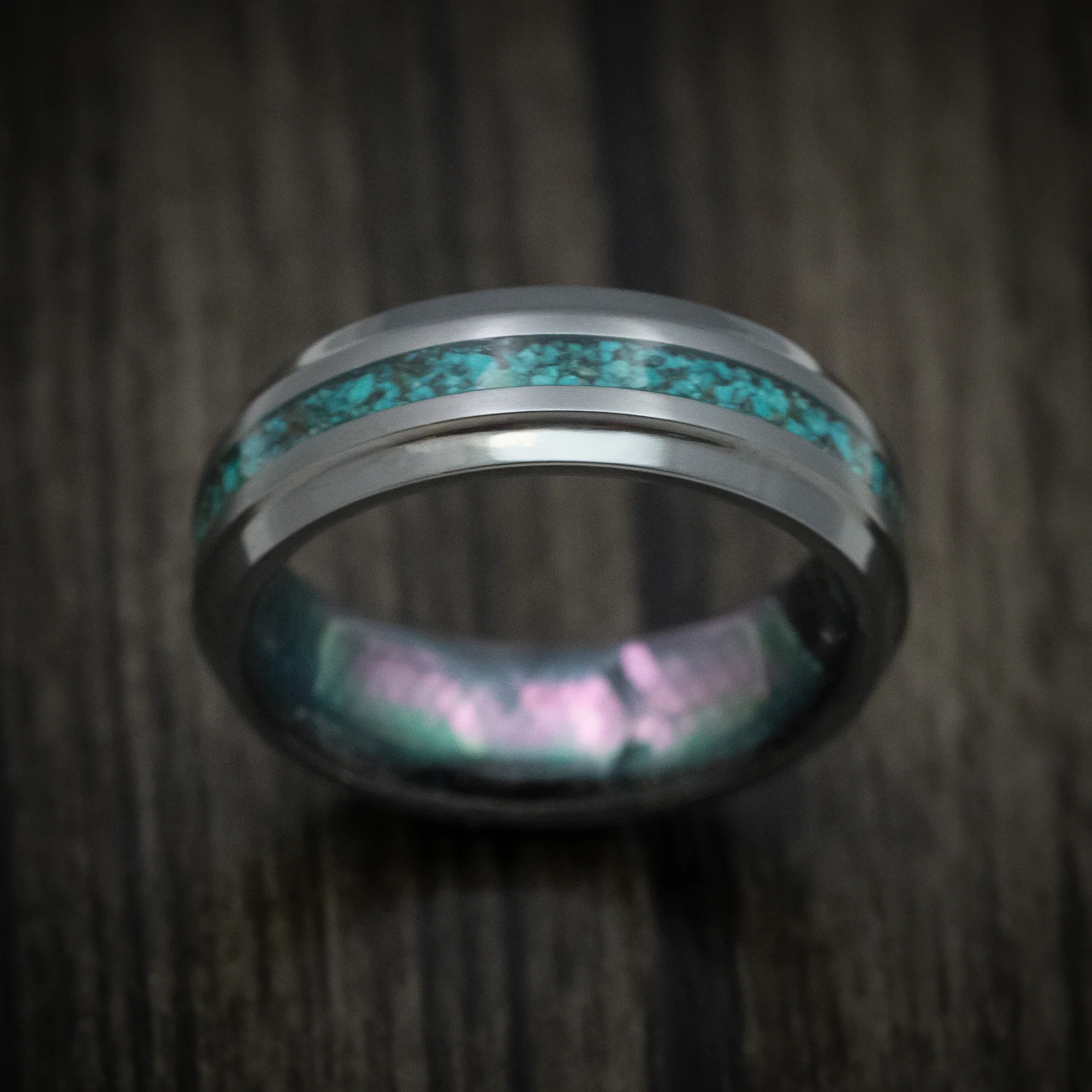 Black Zirconium Men's Ring with Black Mother of Pearl Sleeve and Chrysocolla Stone Inlay Custom Made - Image 2