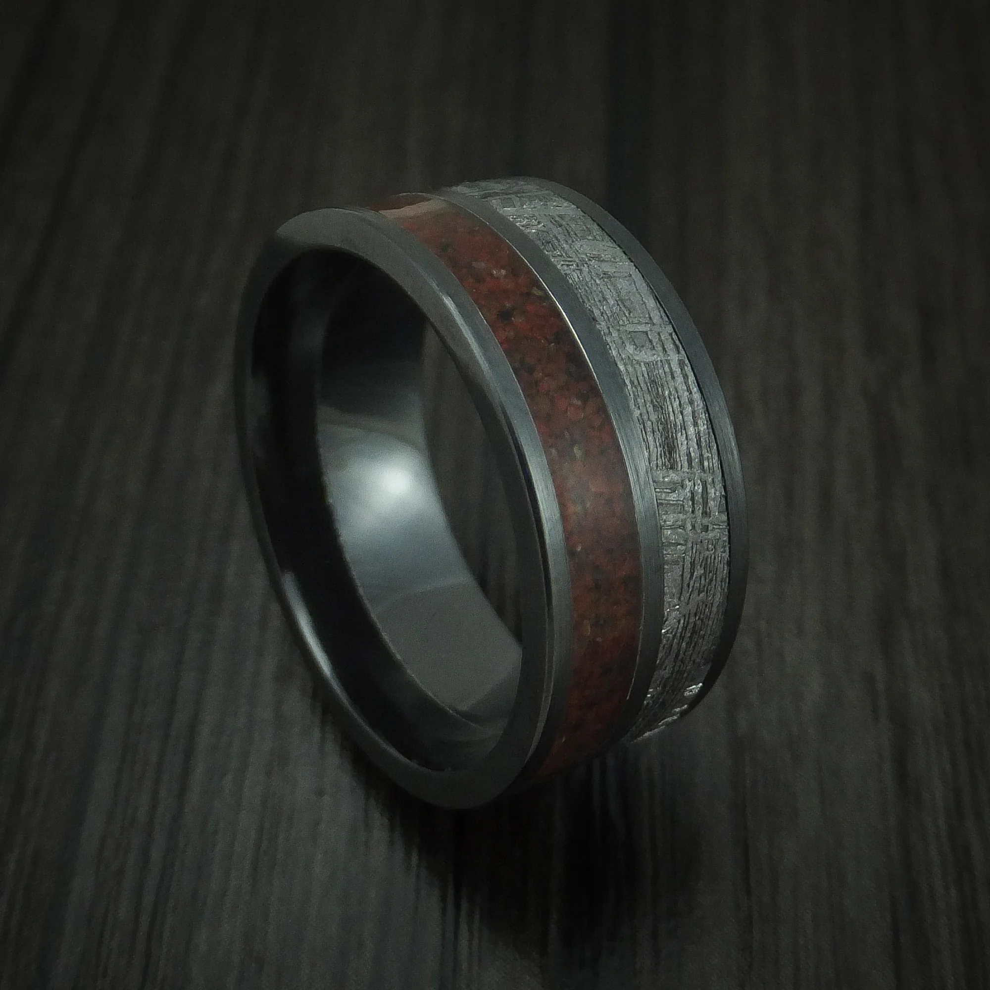 Black Zirconium Mixed Dinosaur Bone And Gibeon Meteorite Men's Ring Custom Made Fossil Band