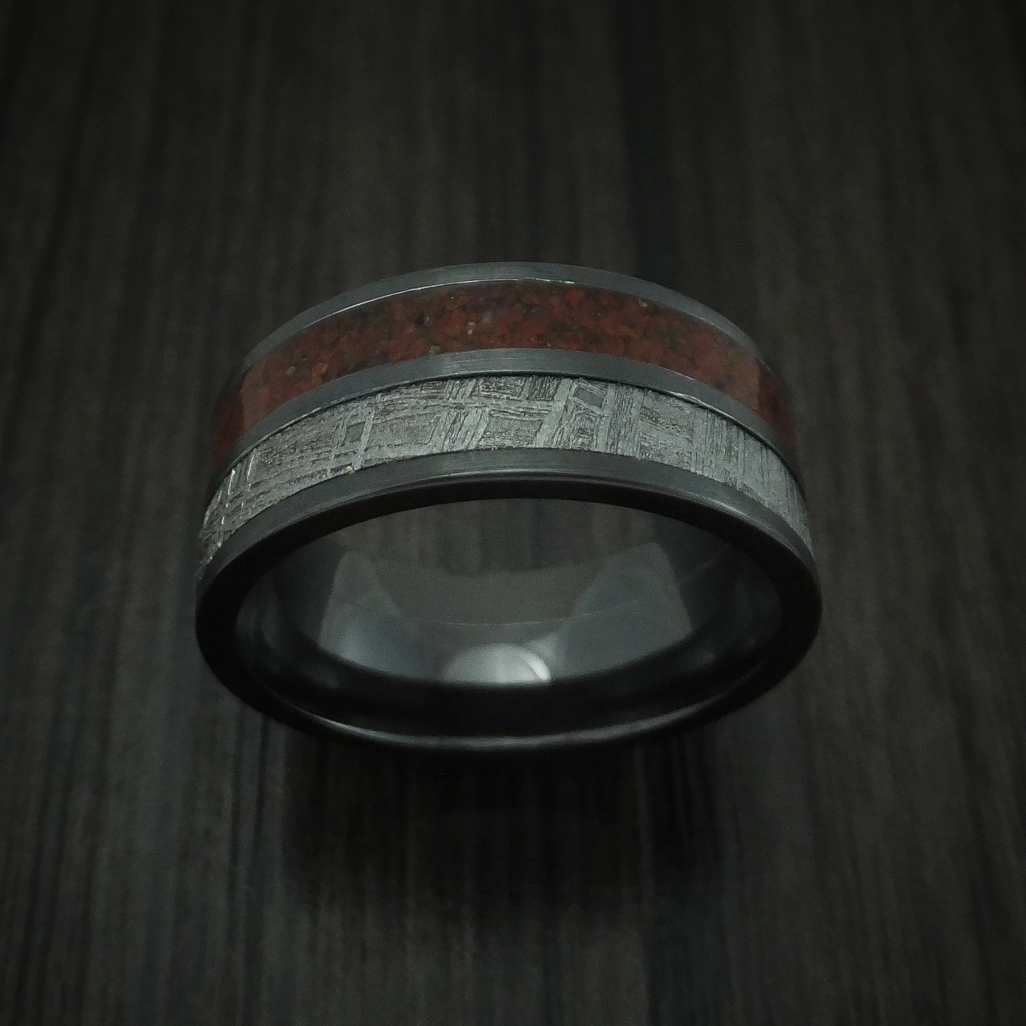 Black Zirconium Mixed Dinosaur Bone And Gibeon Meteorite Men's Ring Custom Made Fossil Band - Image 2