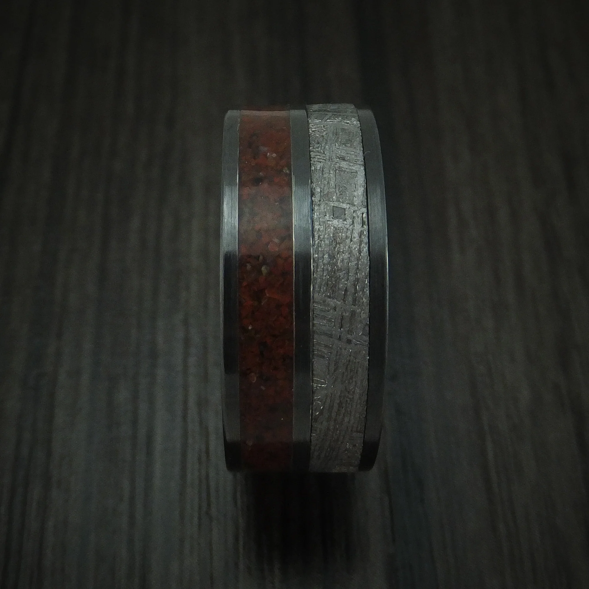 Black Zirconium Mixed Dinosaur Bone And Gibeon Meteorite Men's Ring Custom Made Fossil Band - Image 3