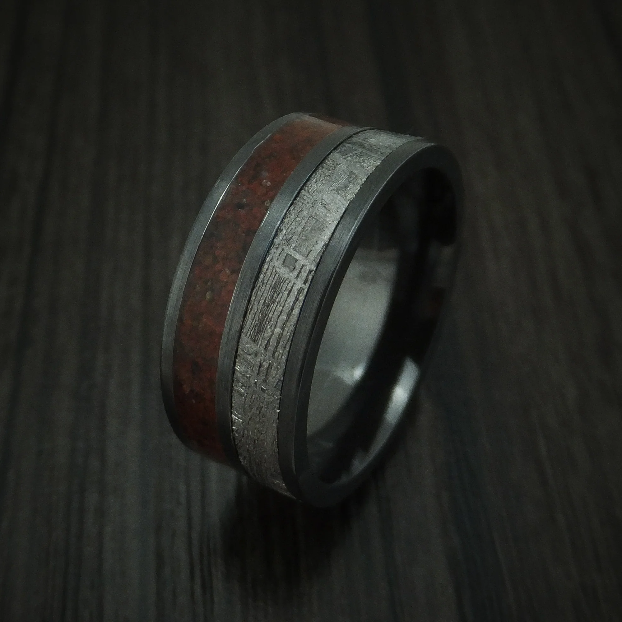 Black Zirconium Mixed Dinosaur Bone And Gibeon Meteorite Men's Ring Custom Made Fossil Band - Image 4