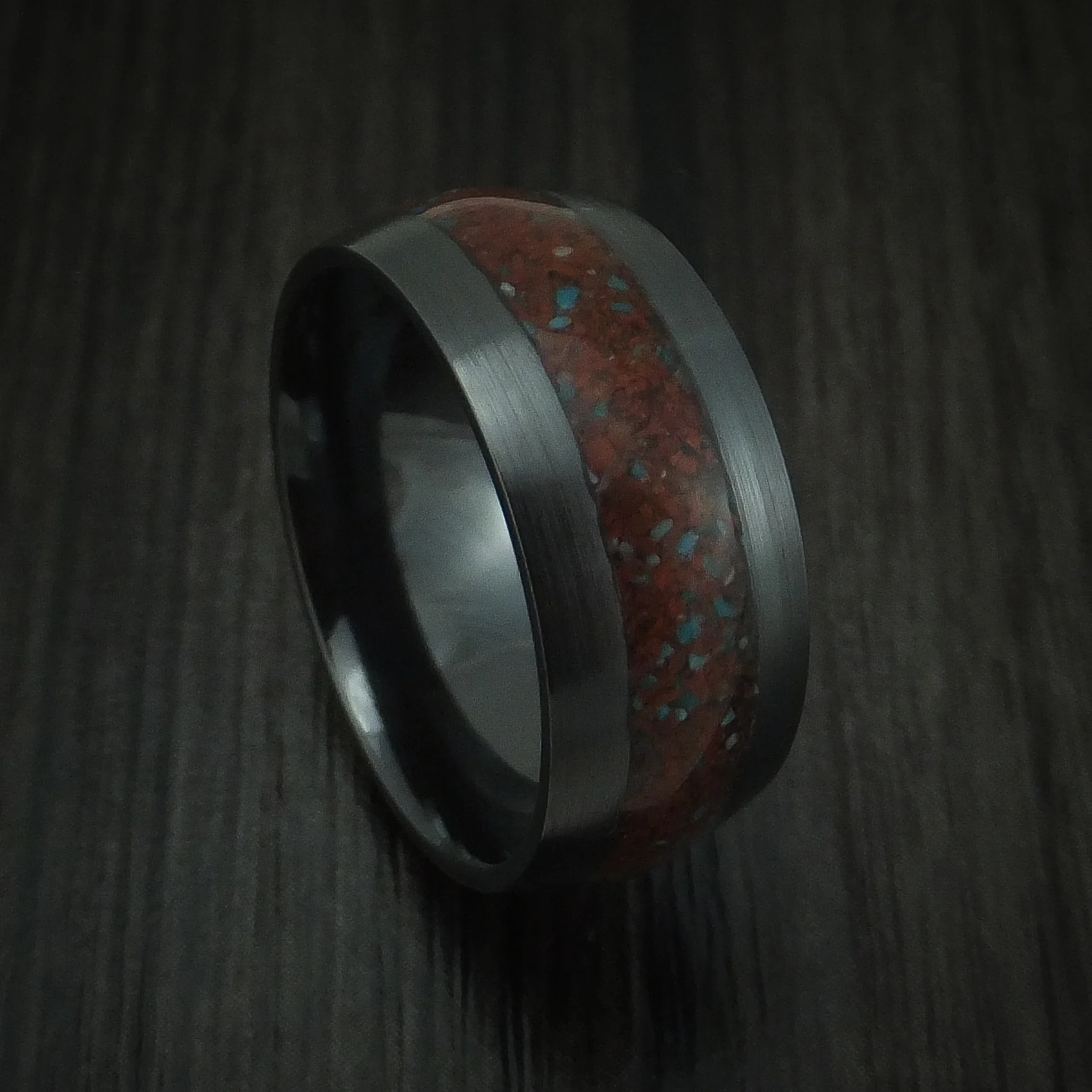 Black Zirconium Red Dinosaur Bone with Turquoise Men's Ring Custom Made Fossil Band