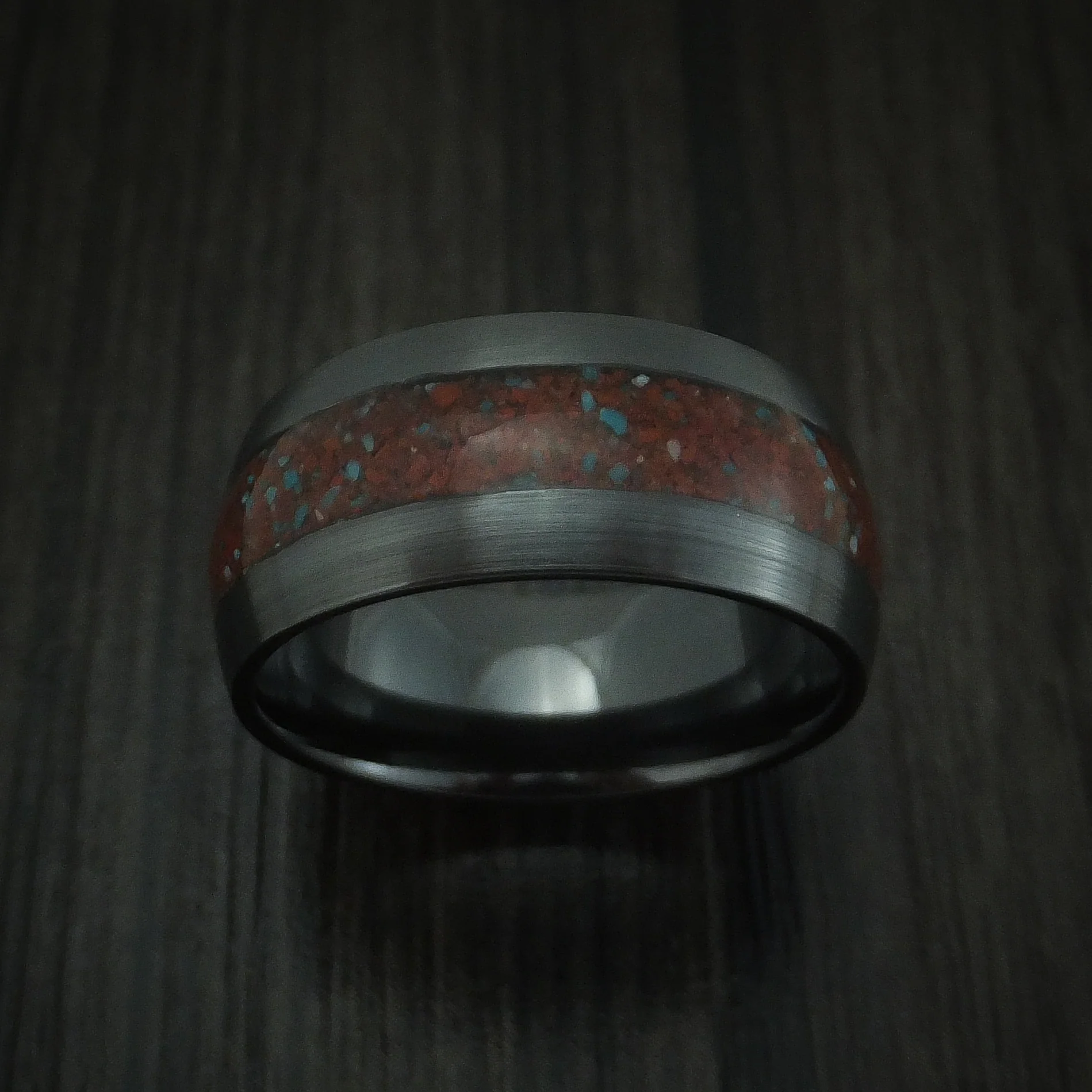 Black Zirconium Red Dinosaur Bone with Turquoise Men's Ring Custom Made Fossil Band - Image 2