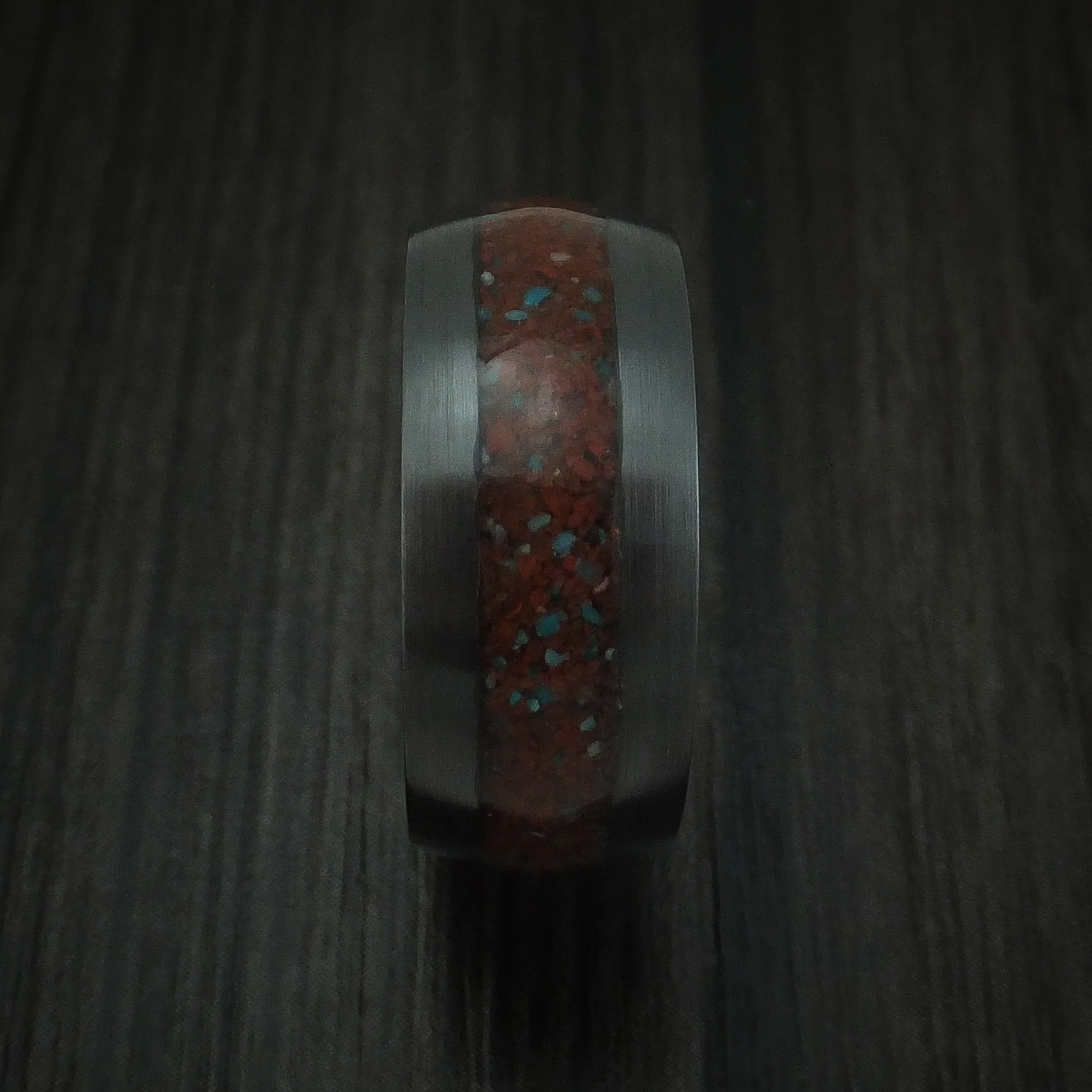 Black Zirconium Red Dinosaur Bone with Turquoise Men's Ring Custom Made Fossil Band - Image 3