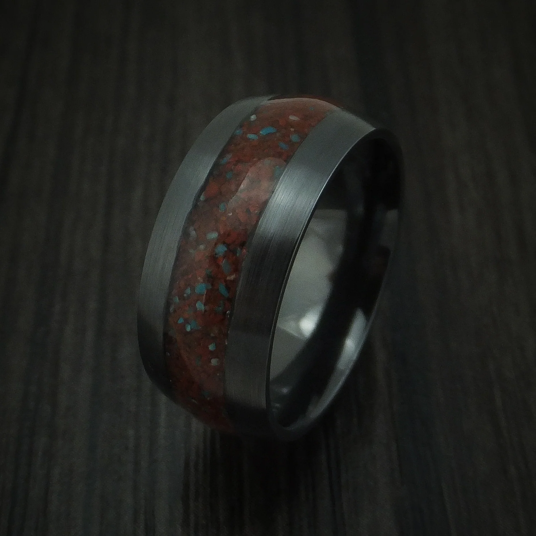 Black Zirconium Red Dinosaur Bone with Turquoise Men's Ring Custom Made Fossil Band - Image 4