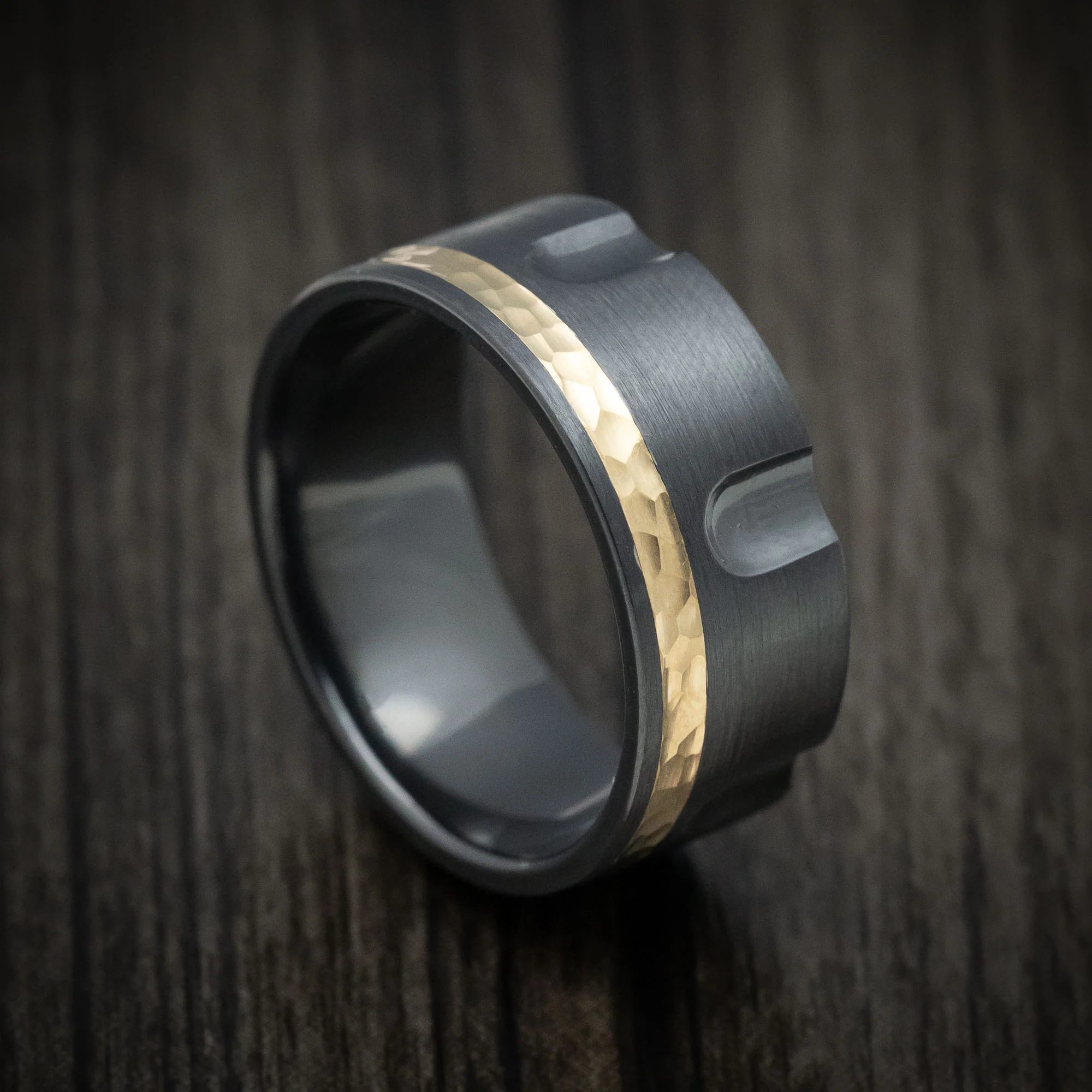 Black Zirconium Revolver Men's Ring with 14K Gold Inlay Custom Made Band